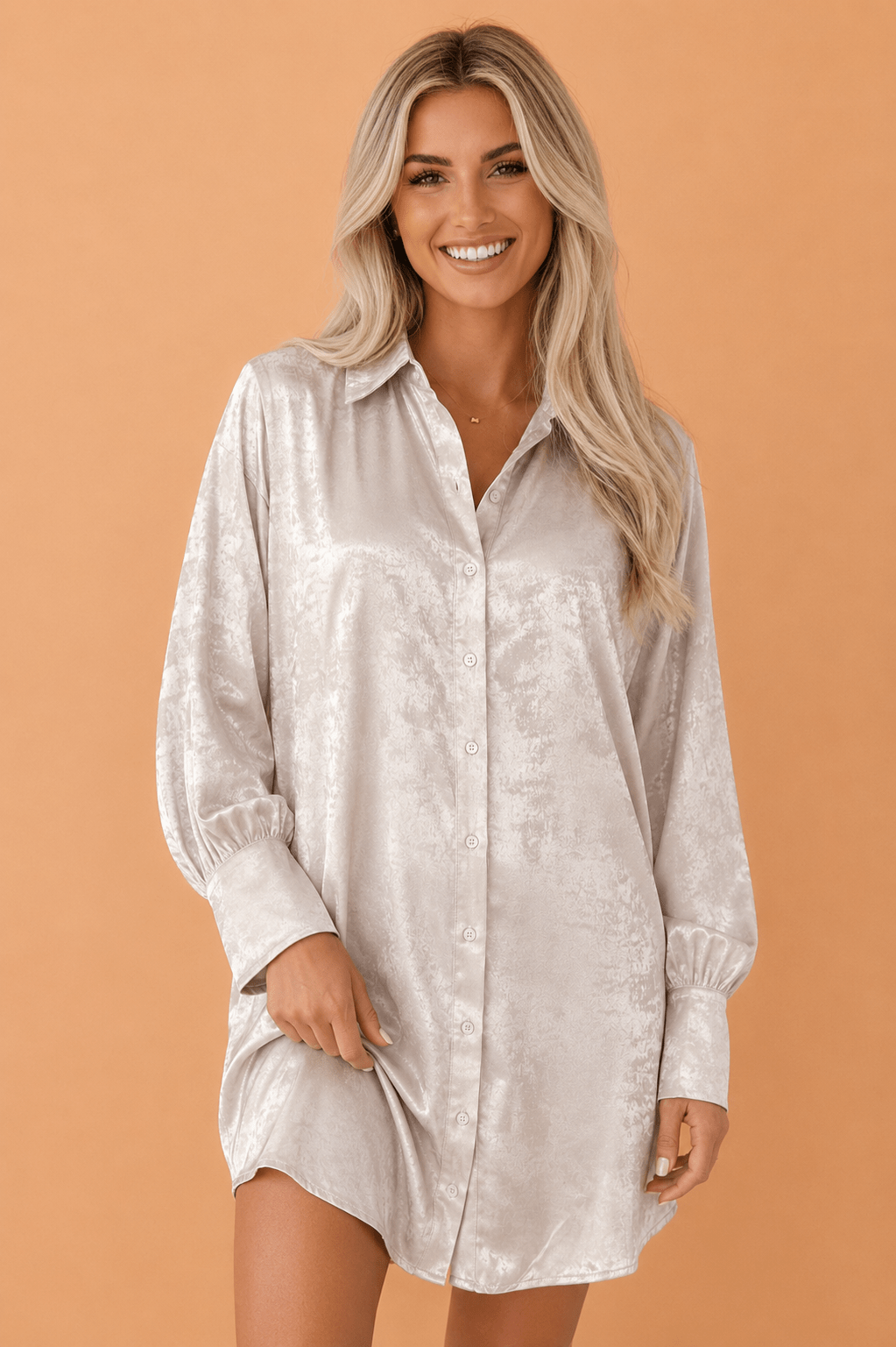 Solid Metallic Long Sleeve Collared Mini Dress - Rooted & Reckless Co.