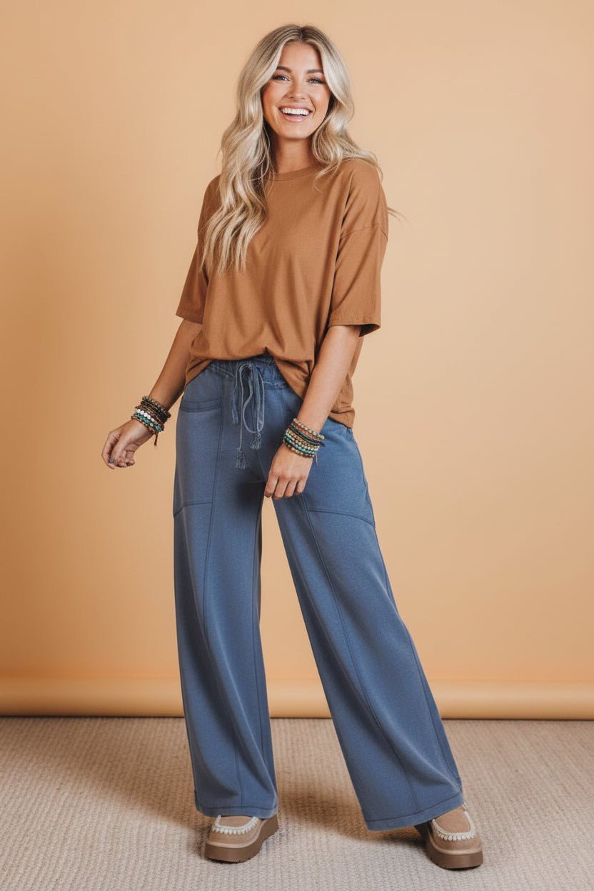 Solid Mineral Wash Drawstring Wide Leg Pants - Rooted & Reckless Co.