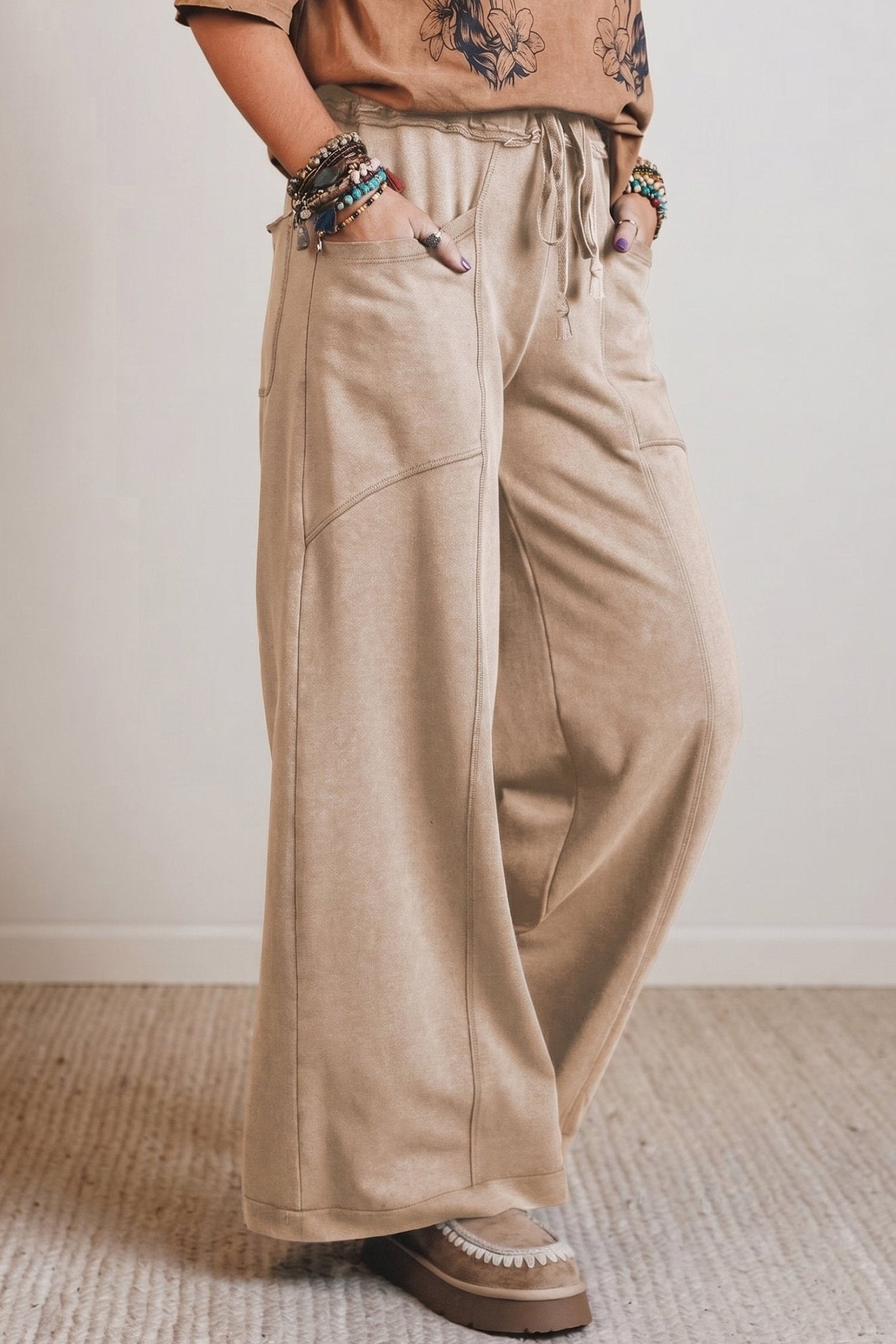 Solid Mineral Wash High Waist Wide Leg Pants - Rooted & Reckless Co.