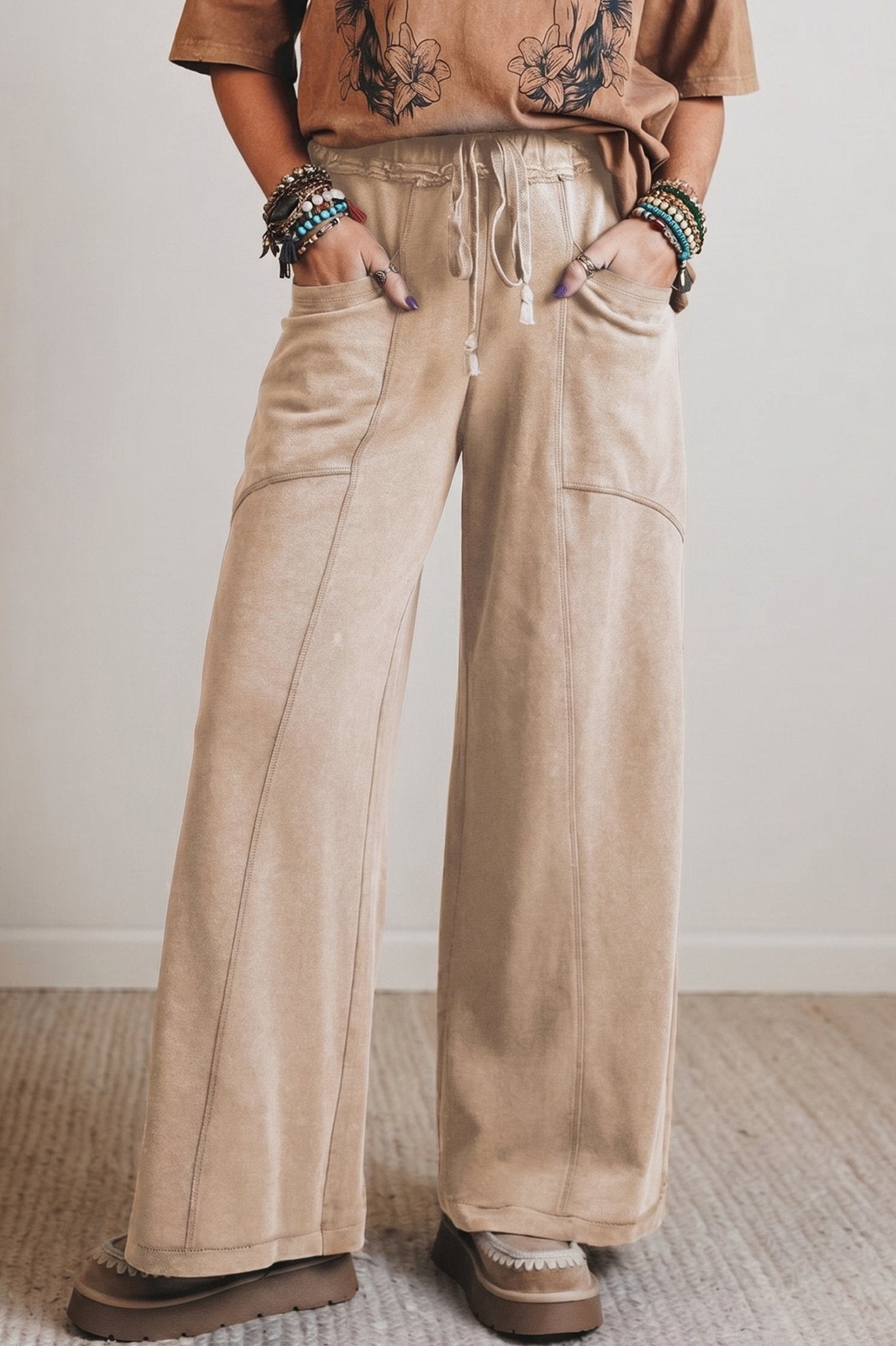 Solid Mineral Wash High Waist Wide Leg Pants - Rooted & Reckless Co.