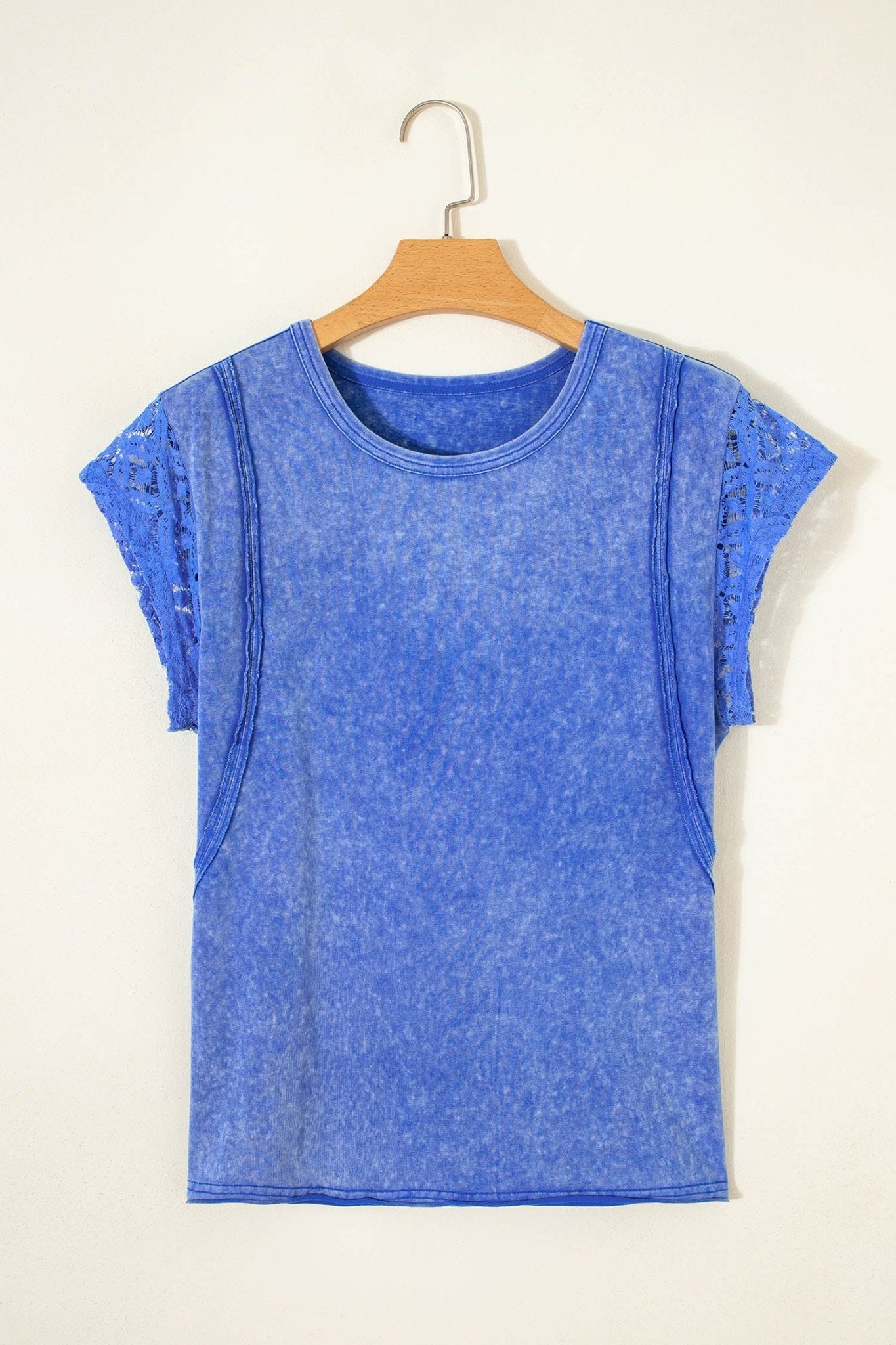 Solid Mineral Wash Raw Seam Lace Sleeve Tee - Rooted & Reckless Co.