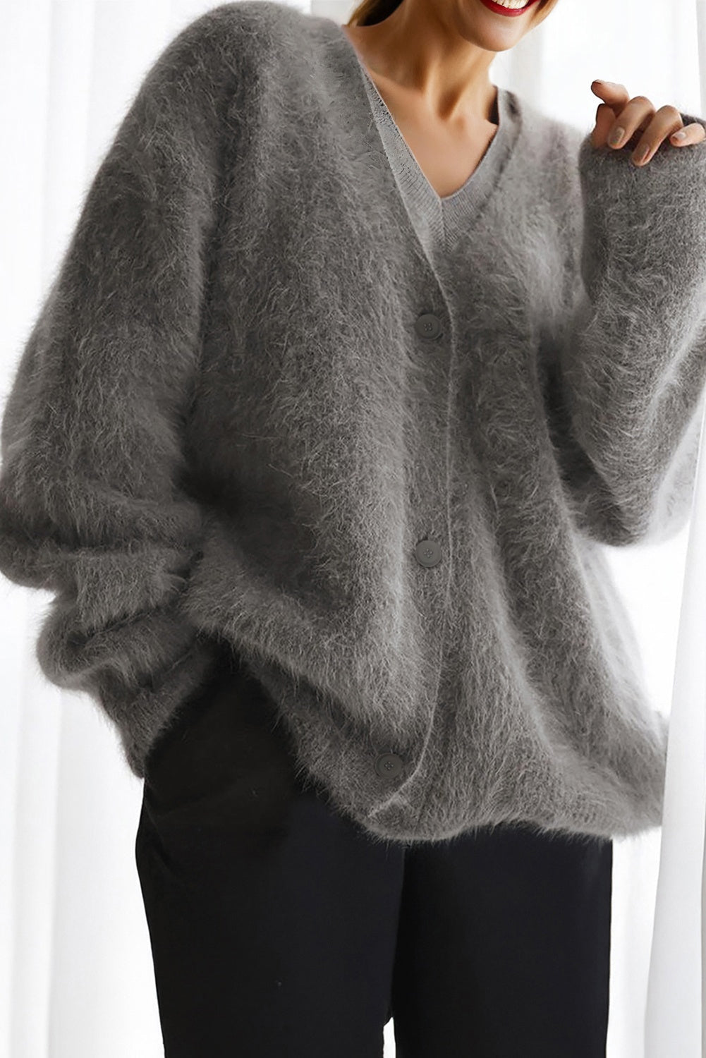 Solid Mohair V-Neck Fuzzy Knit Sweater Cardigan - Rooted & Reckless Co.