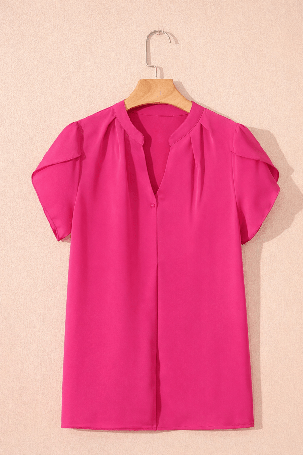 Solid Notched Neck Petal Sleeve Blouse - Rooted & Reckless Co.