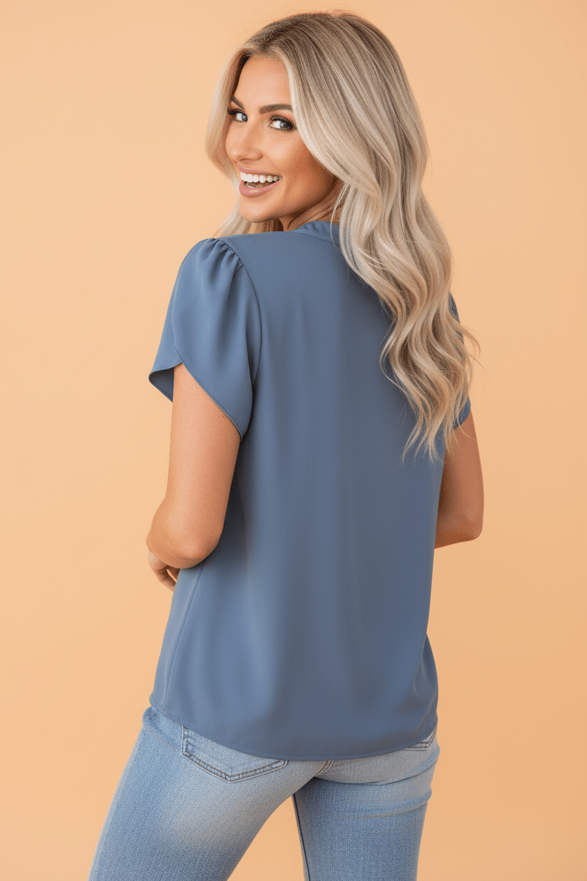 Solid Notched Neck Petal Sleeve Blouse - Rooted & Reckless Co.