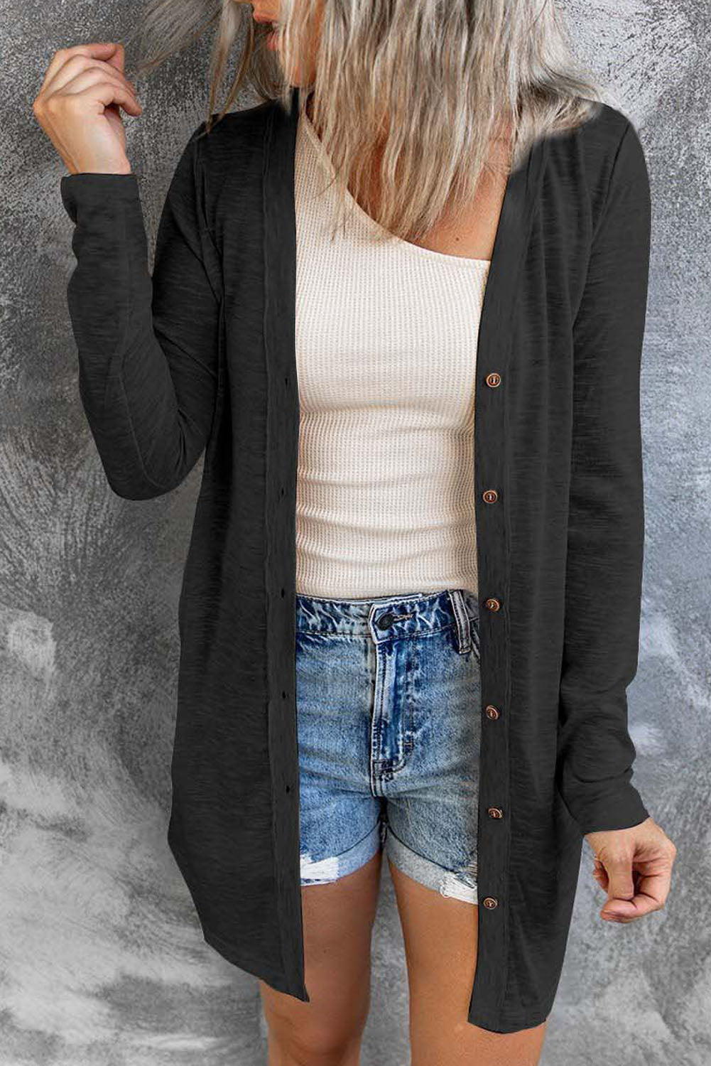 Solid Open-Front Buttoned Cardigan - Rooted & Reckless Co.
