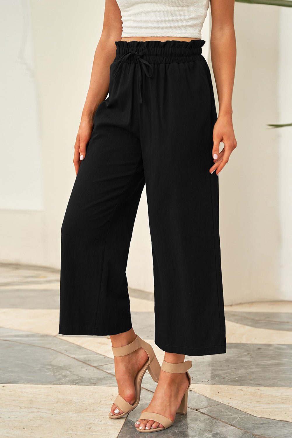 Solid Paperbag Waist Straight Leg Cropped Pants - Rooted & Reckless Co.