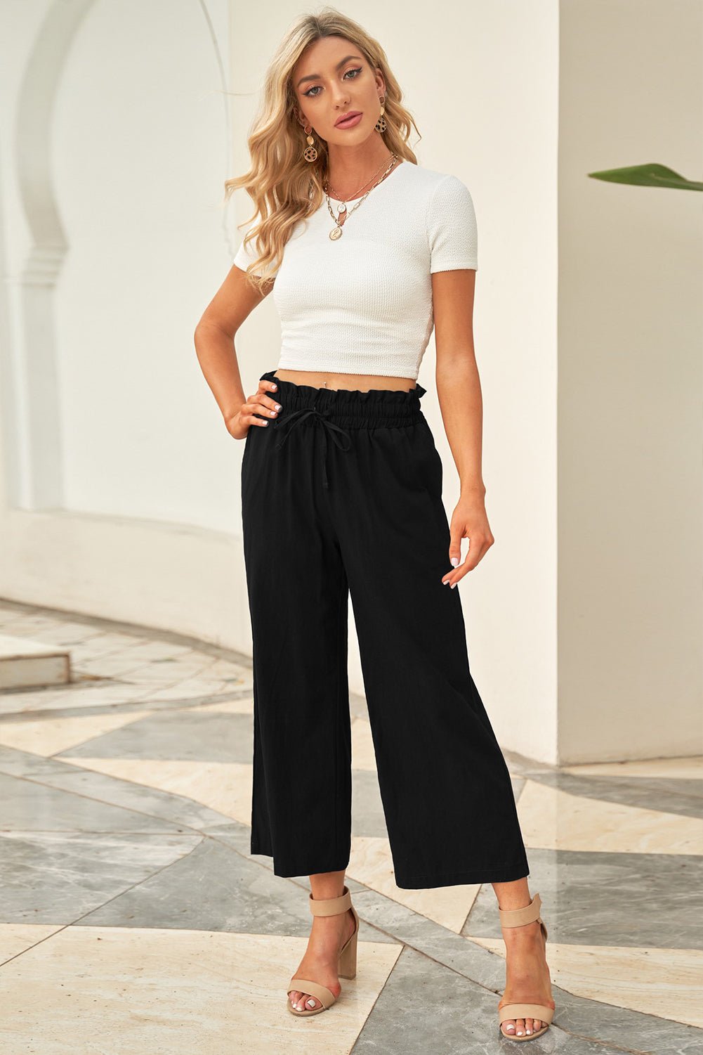Solid Paperbag Waist Straight Leg Cropped Pants - Rooted & Reckless Co.