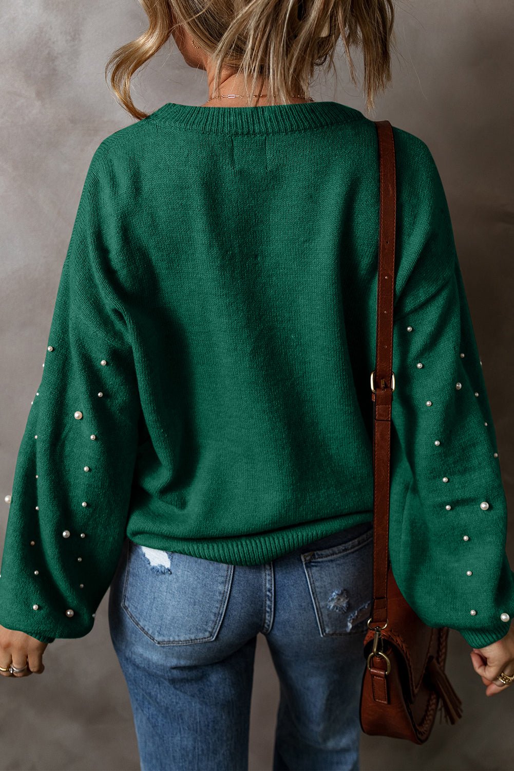 Solid Pearl Drop Shoulder Round Neck Sweater - Rooted & Reckless Co.