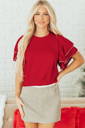 Solid Pearl Embellished Double Ruffle Sleeve Sweater - Rooted & Reckless Co.