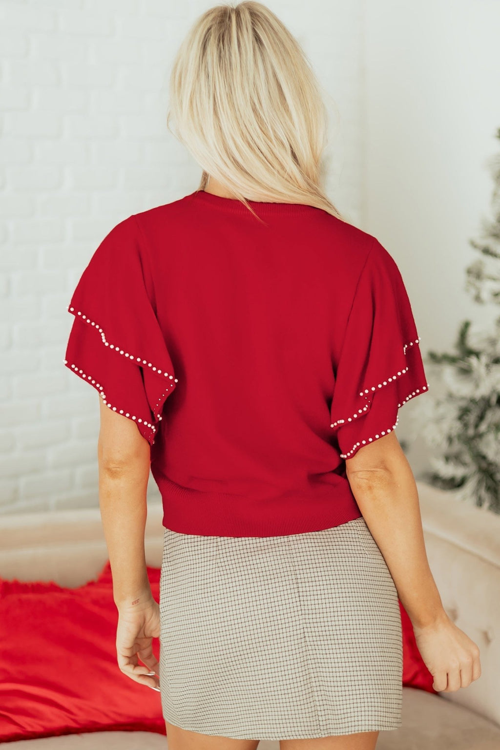 Solid Pearl Embellished Double Ruffle Sleeve Sweater - Rooted & Reckless Co.