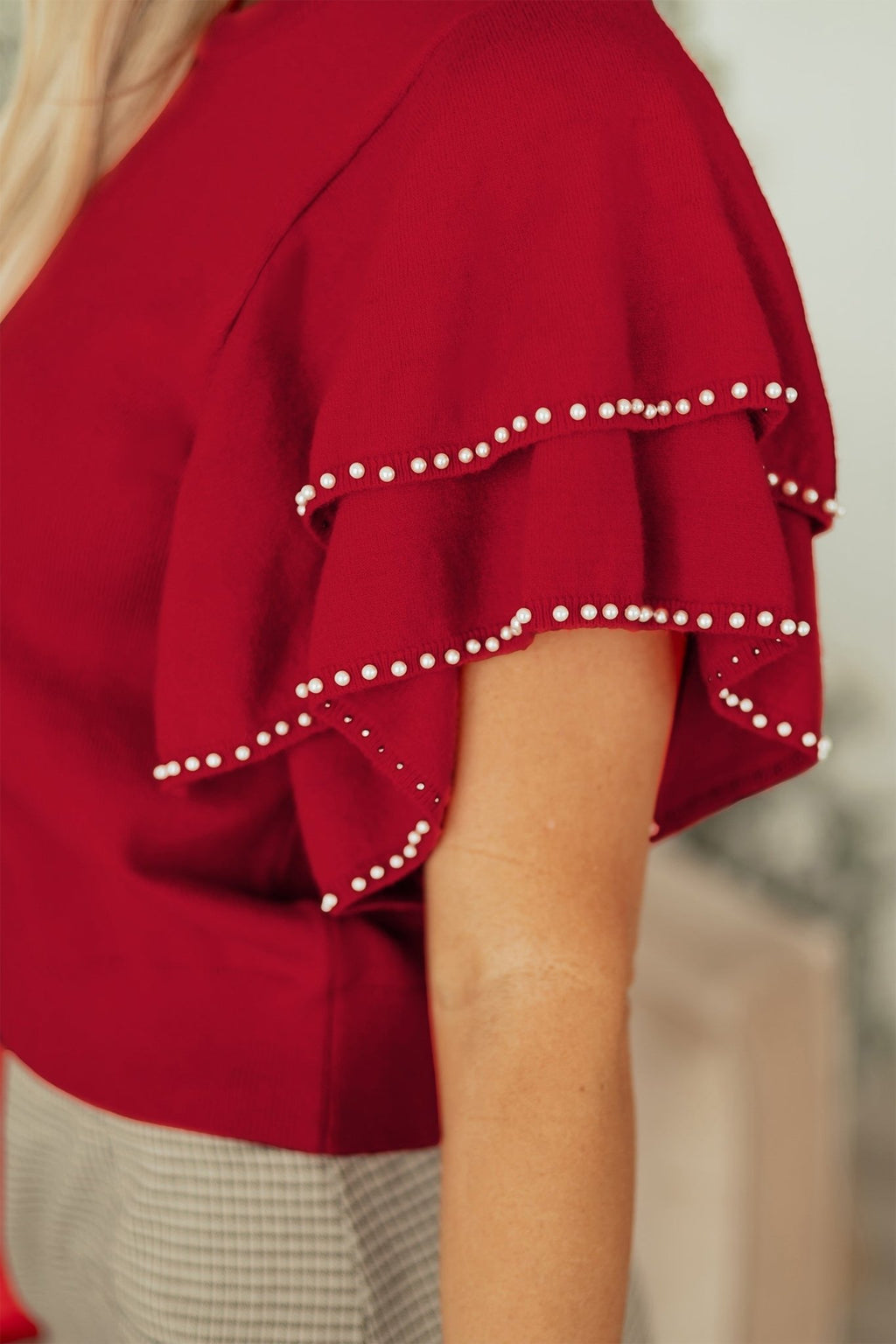 Solid Pearl Embellished Double Ruffle Sleeve Sweater - Rooted & Reckless Co.