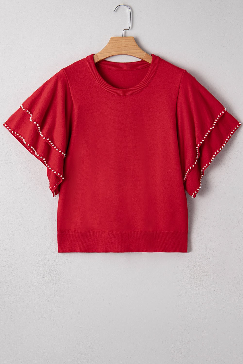 Solid Pearl Embellished Double Ruffle Sleeve Sweater - Rooted & Reckless Co.
