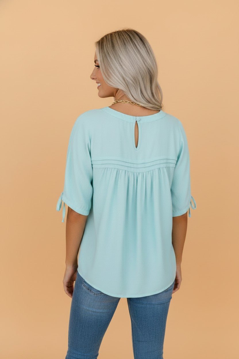 Solid Pleated Tie Sleeve Babydoll Blouse - Rooted & Reckless Co.