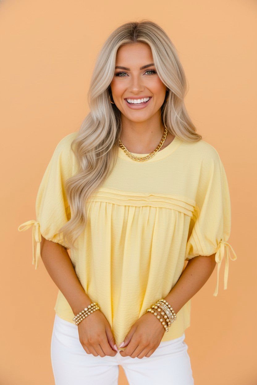 Solid Pleated Tie Sleeve Babydoll Blouse - Rooted & Reckless Co.