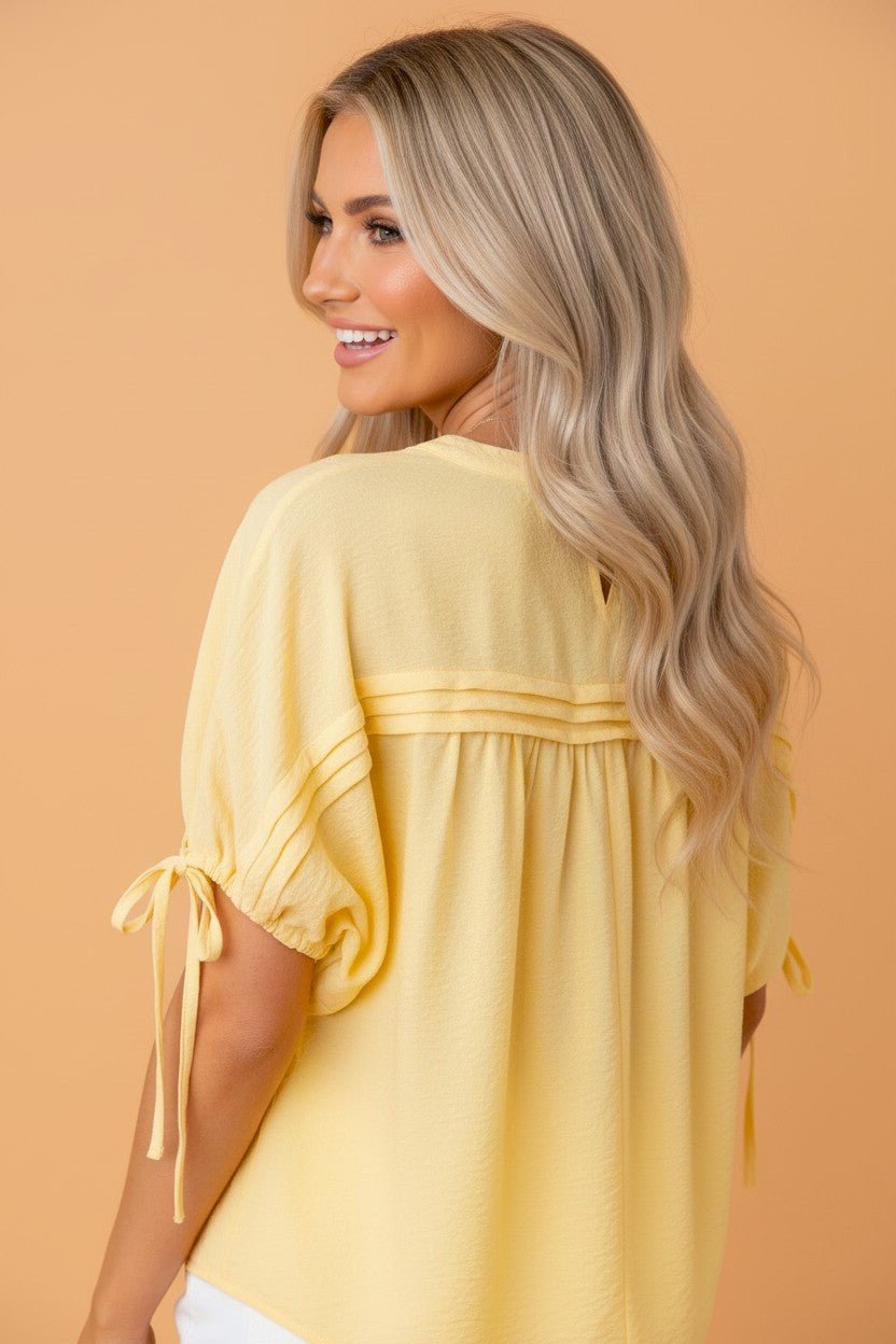 Solid Pleated Tie Sleeve Babydoll Blouse - Rooted & Reckless Co.