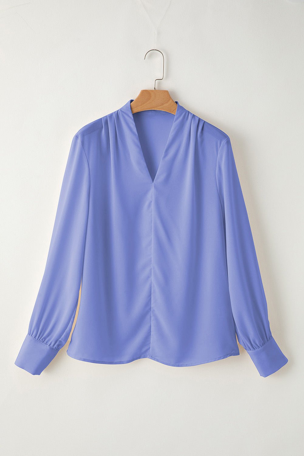 Solid Pleated V-Neck Long Sleeve Blouse - Rooted & Reckless Co.