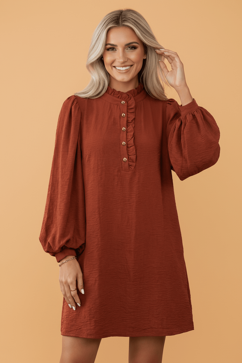 Solid Puff Long Sleeve Ruffle Shift Mini Dress - Rooted & Reckless Co.