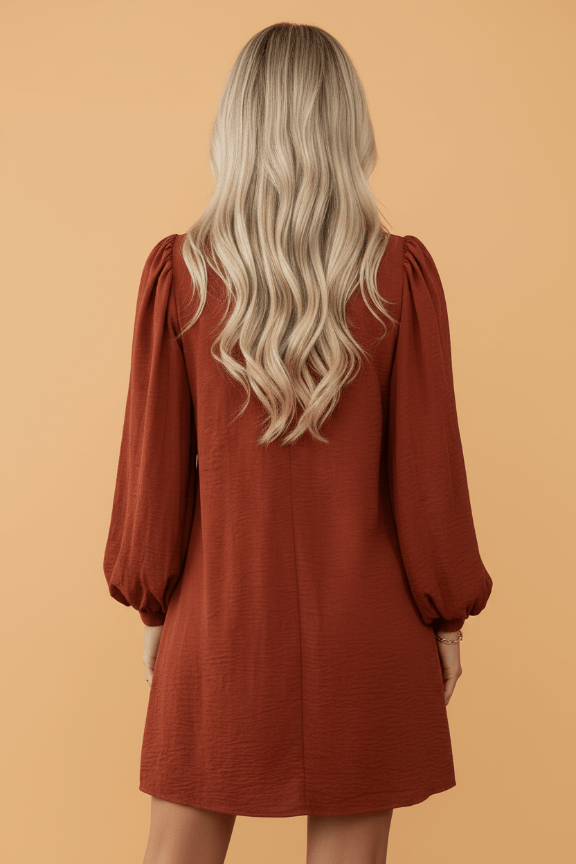 Solid Puff Long Sleeve Ruffle Shift Mini Dress - Rooted & Reckless Co.