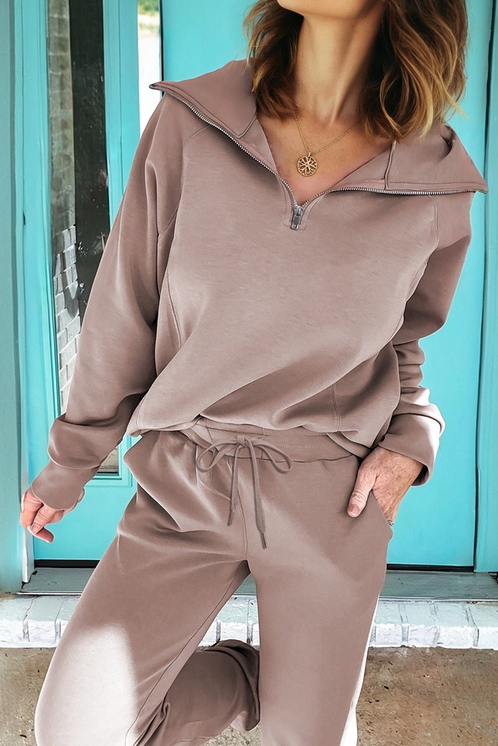 Solid Quarter-Zip Top and Drawstring Pants Set - Rooted & Reckless Co.