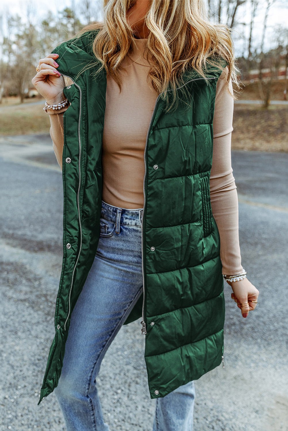 Solid Quilted Long Hooded Vest Coat - Rooted & Reckless Co.