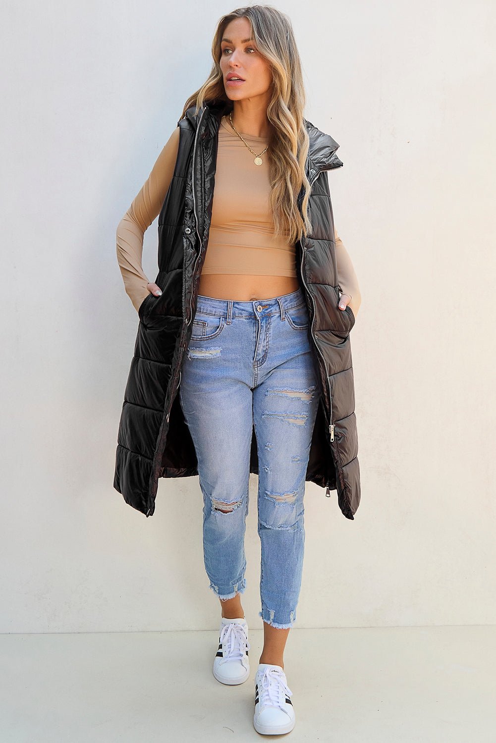 Solid Quilted Long Hooded Vest Coat - Rooted & Reckless Co.