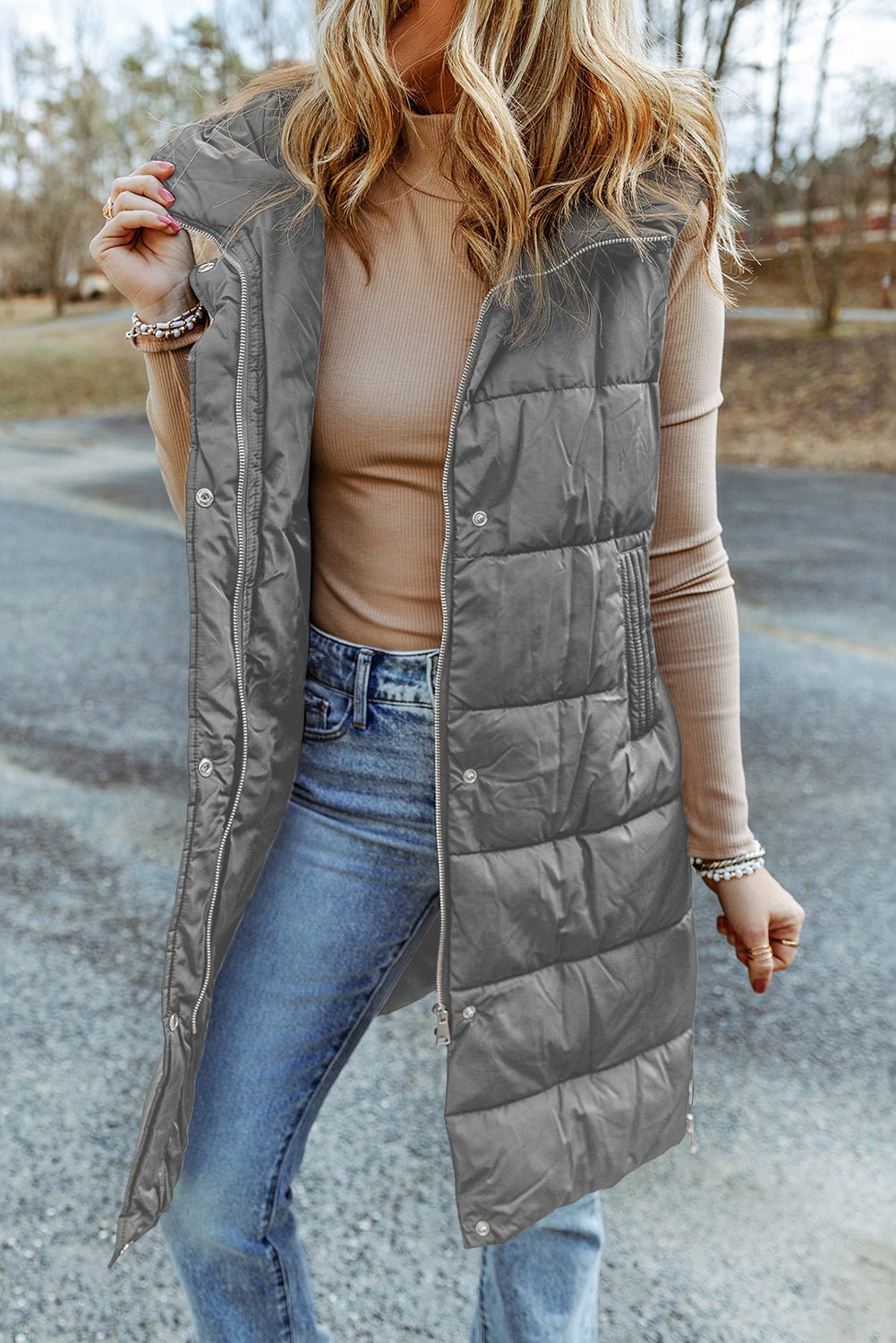 Solid Quilted Long Hooded Vest Coat - Rooted & Reckless Co.
