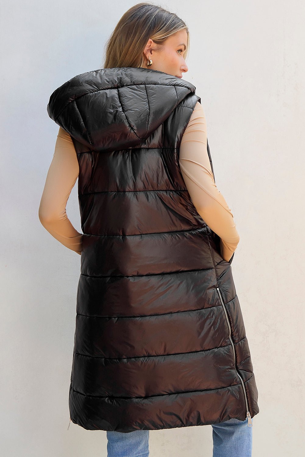 Solid Quilted Long Hooded Vest Coat - Rooted & Reckless Co.