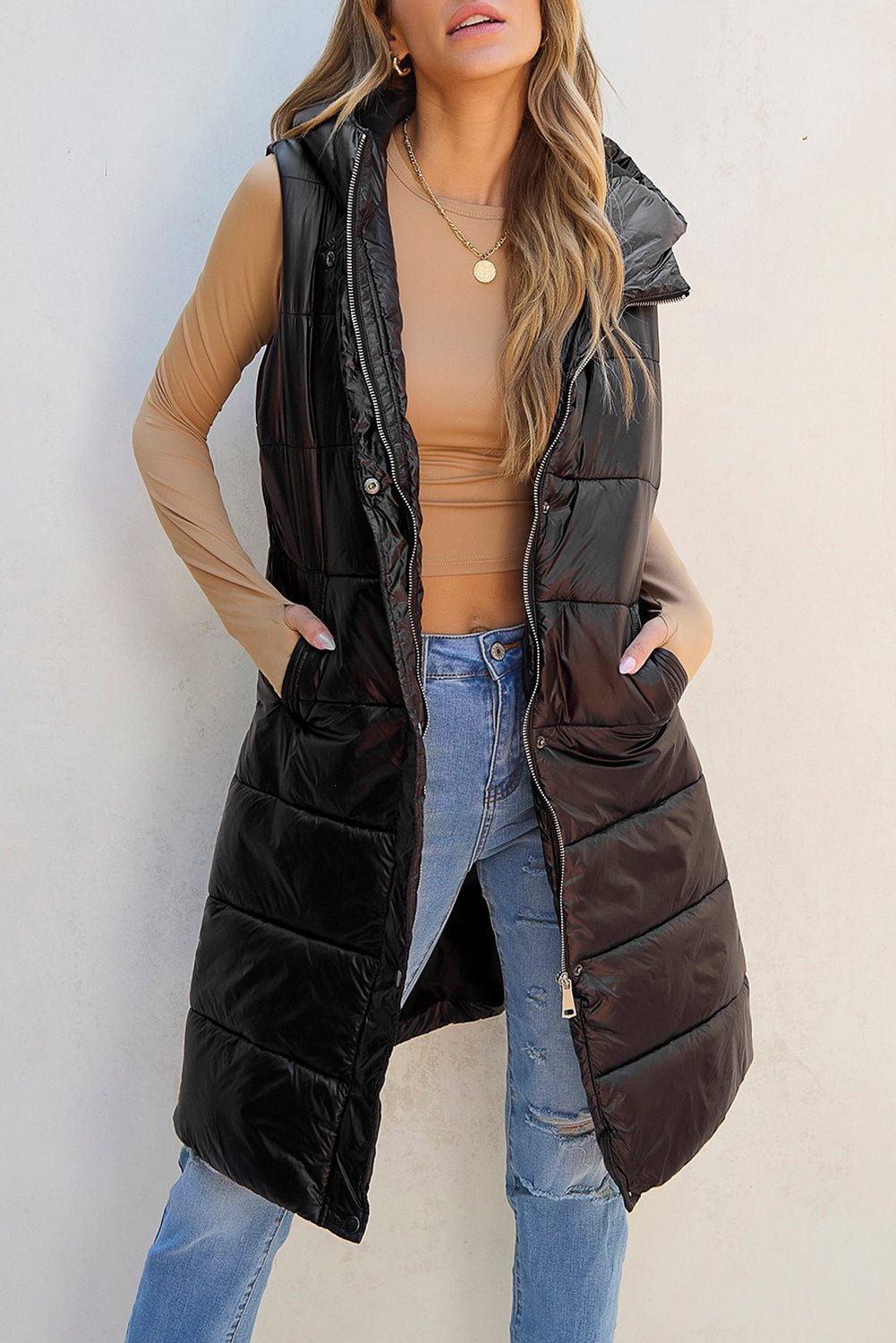 Solid Quilted Long Hooded Vest Coat - Rooted & Reckless Co.
