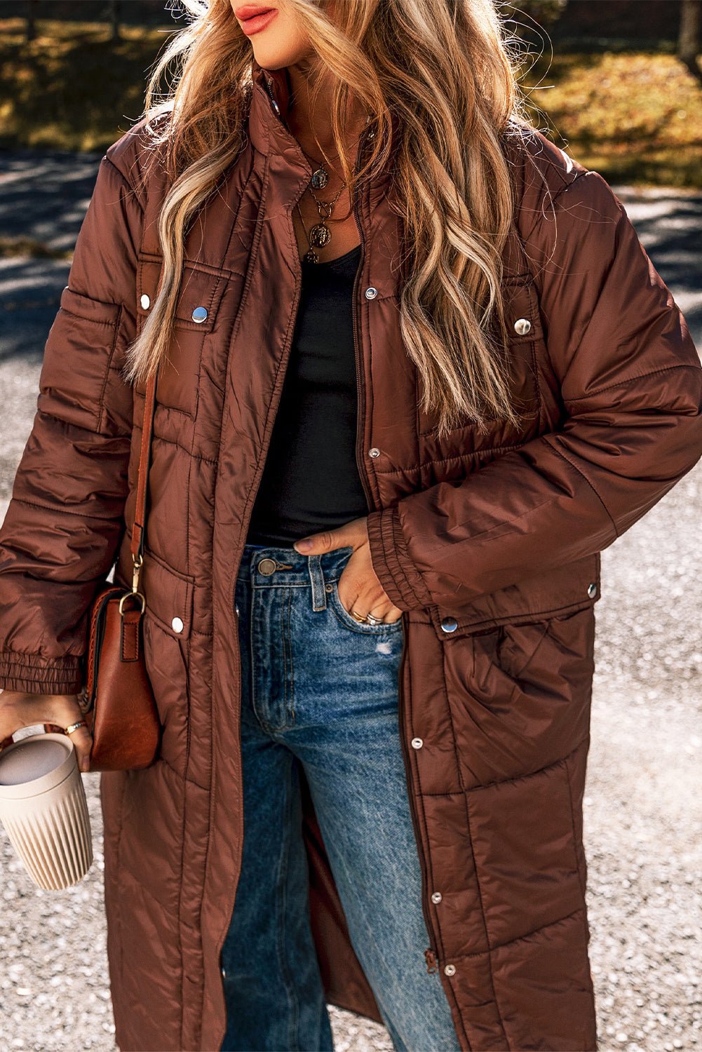 Solid Quilted Stand-Neck Zip-Up Buttoned Puffer Coat - Rooted & Reckless Co.