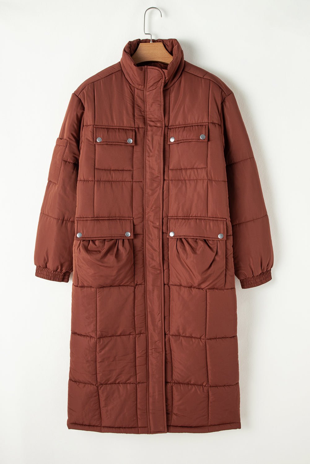 Solid Quilted Stand-Neck Zip-Up Buttoned Puffer Coat - Rooted & Reckless Co.