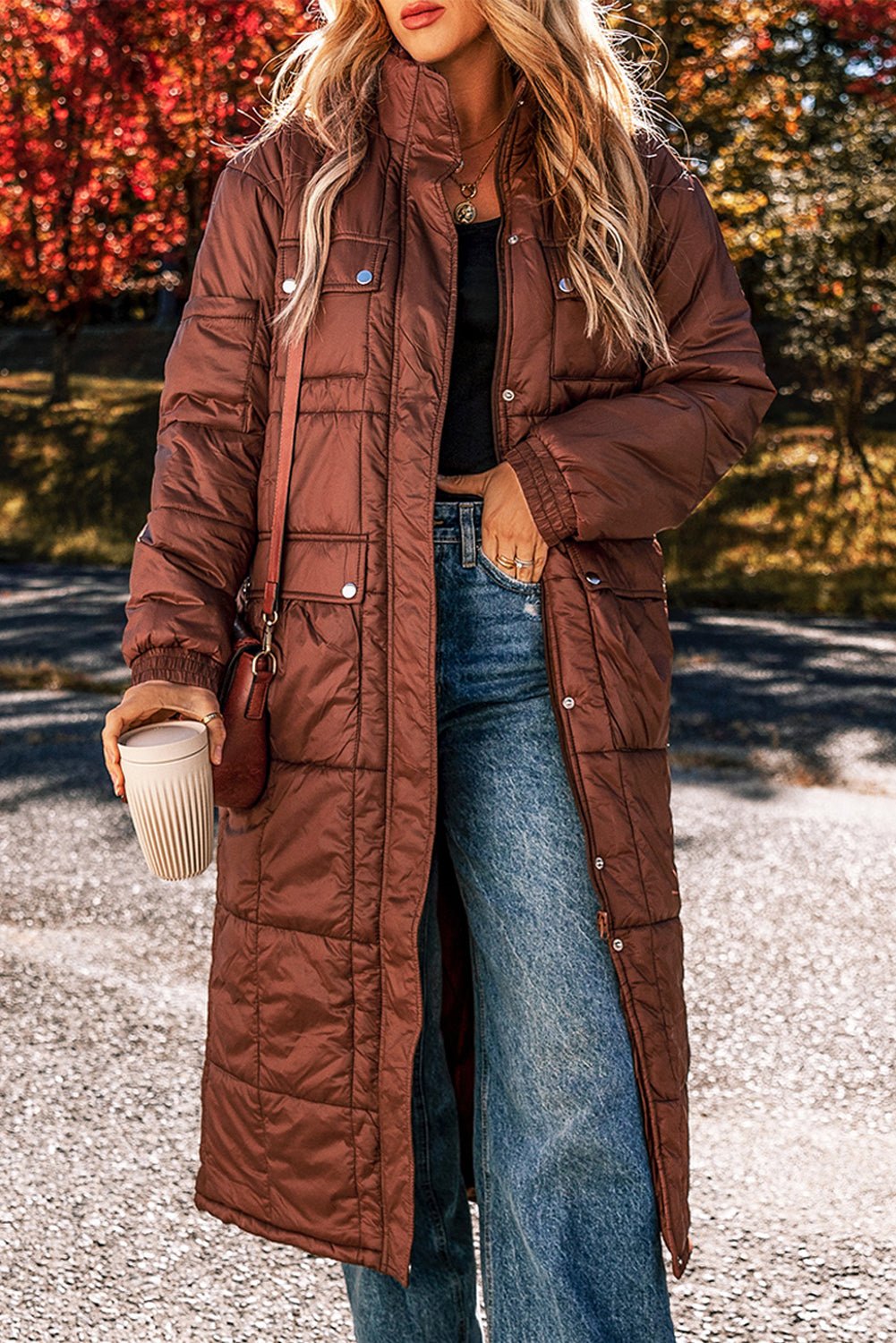 Solid Quilted Stand-Neck Zip-Up Buttoned Puffer Coat - Rooted & Reckless Co.