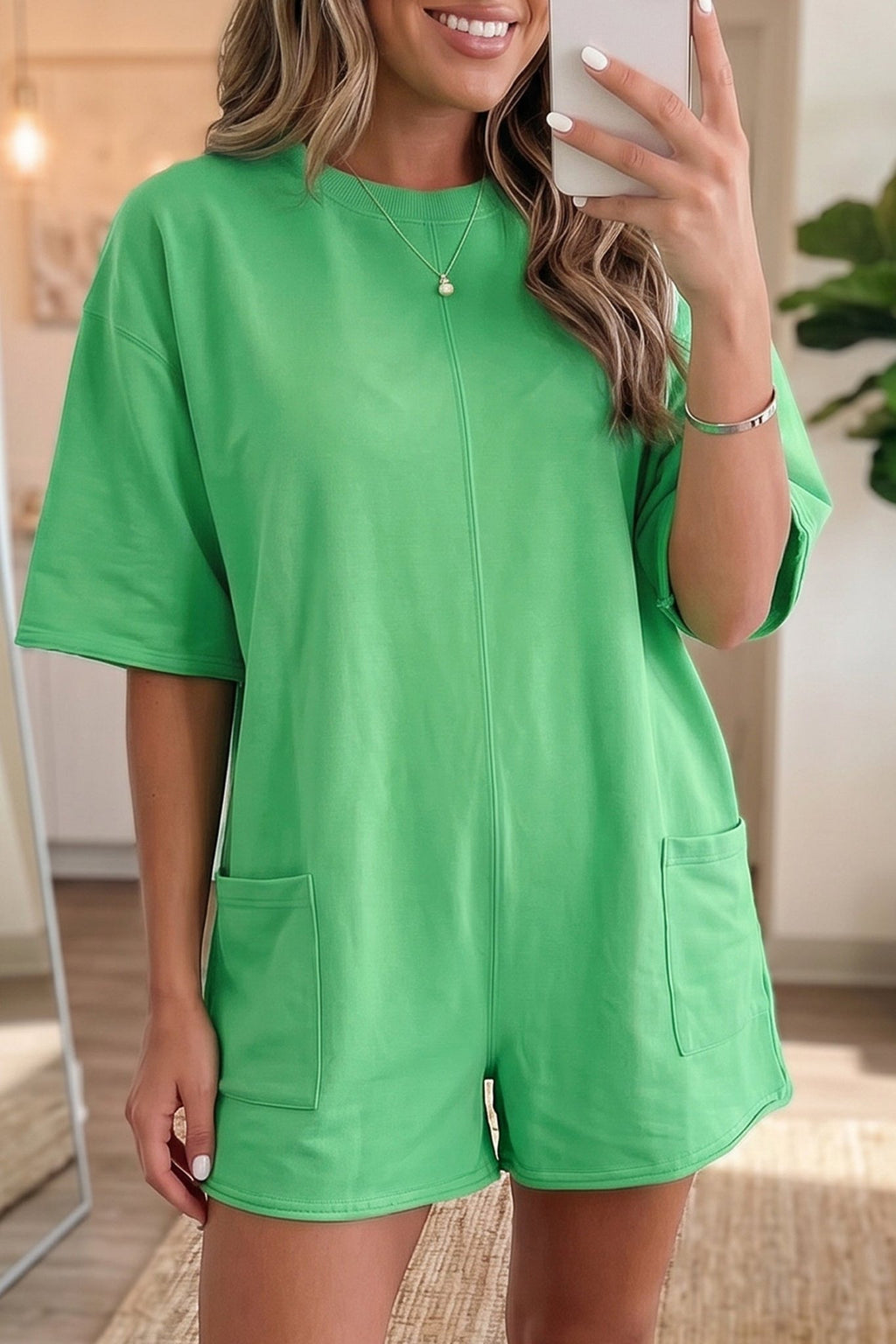 Solid Raw Edge 3/4 Sleeve Pocketed Loose Romper - Rooted & Reckless Co.