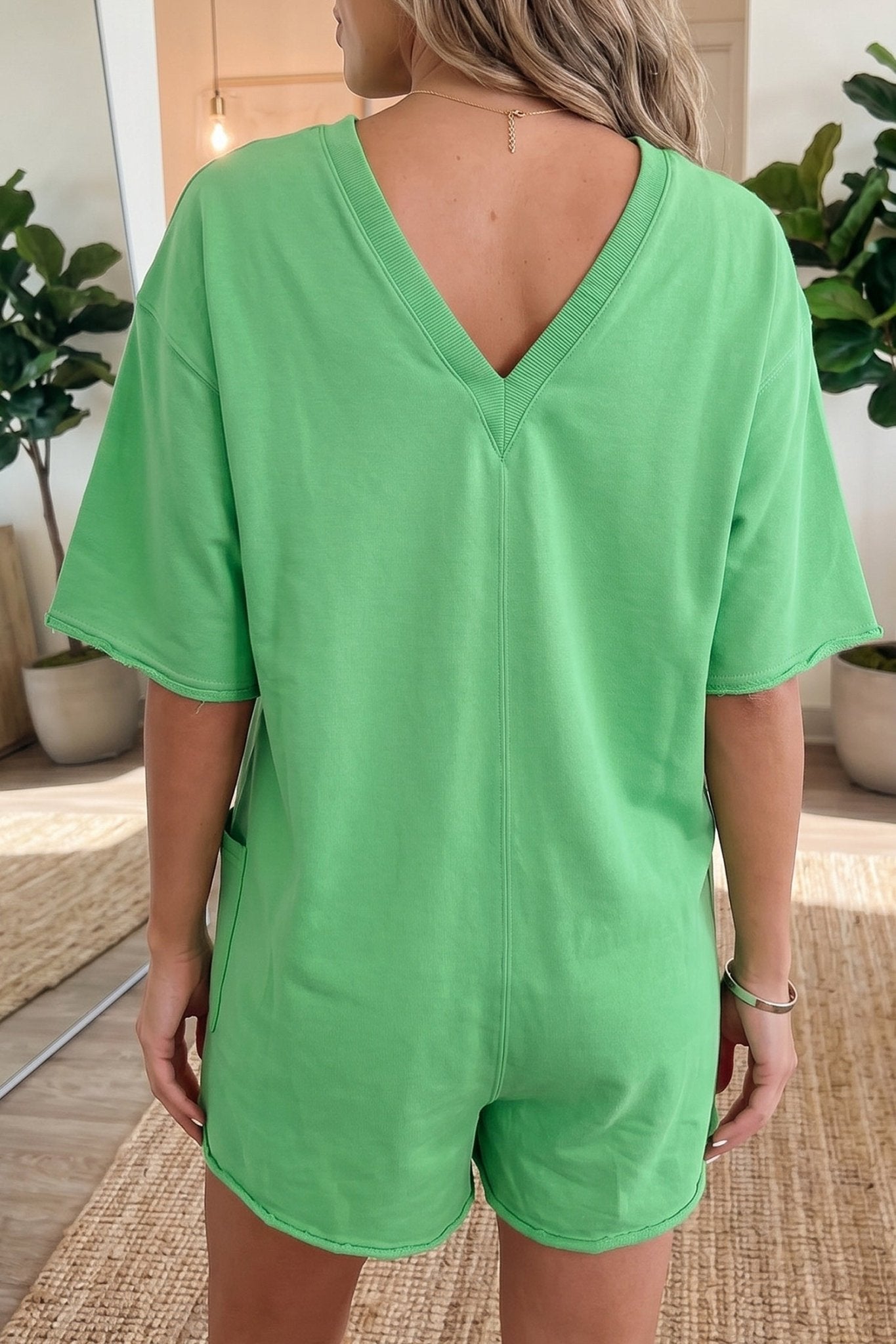 Solid Raw Edge 3/4 Sleeve Pocketed Loose Romper - Rooted & Reckless Co.