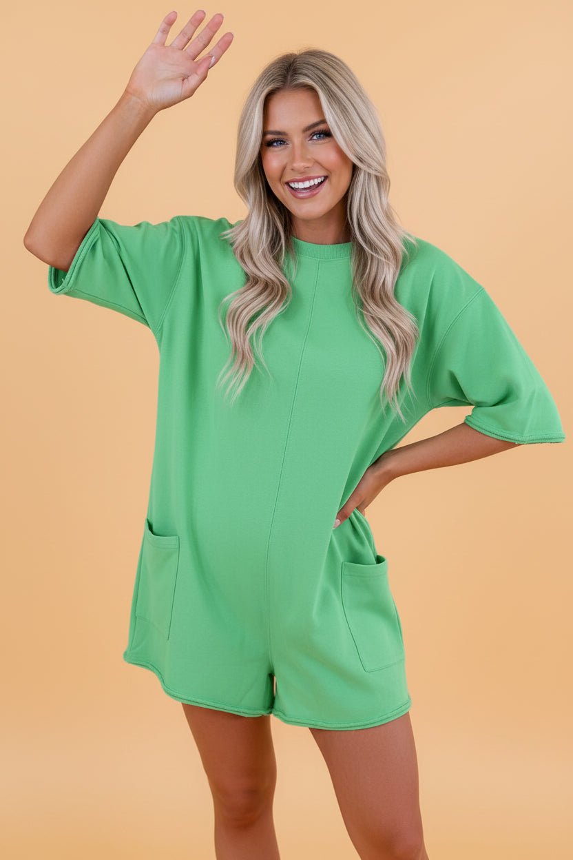 Solid Raw Edge 3/4 Sleeve Pocketed Loose Romper - Rooted & Reckless Co.