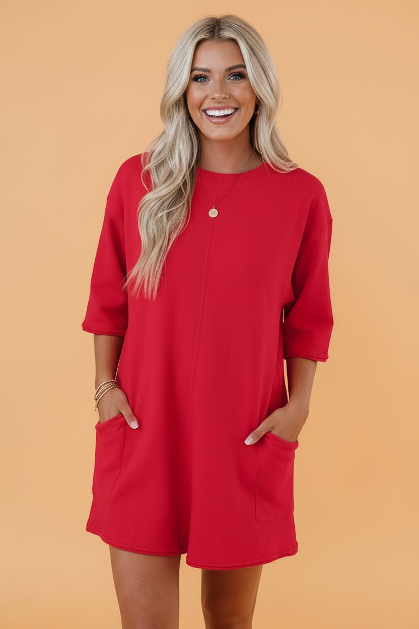 Solid Raw Edge 3/4 Sleeve Pocketed Loose Romper - Rooted & Reckless Co.