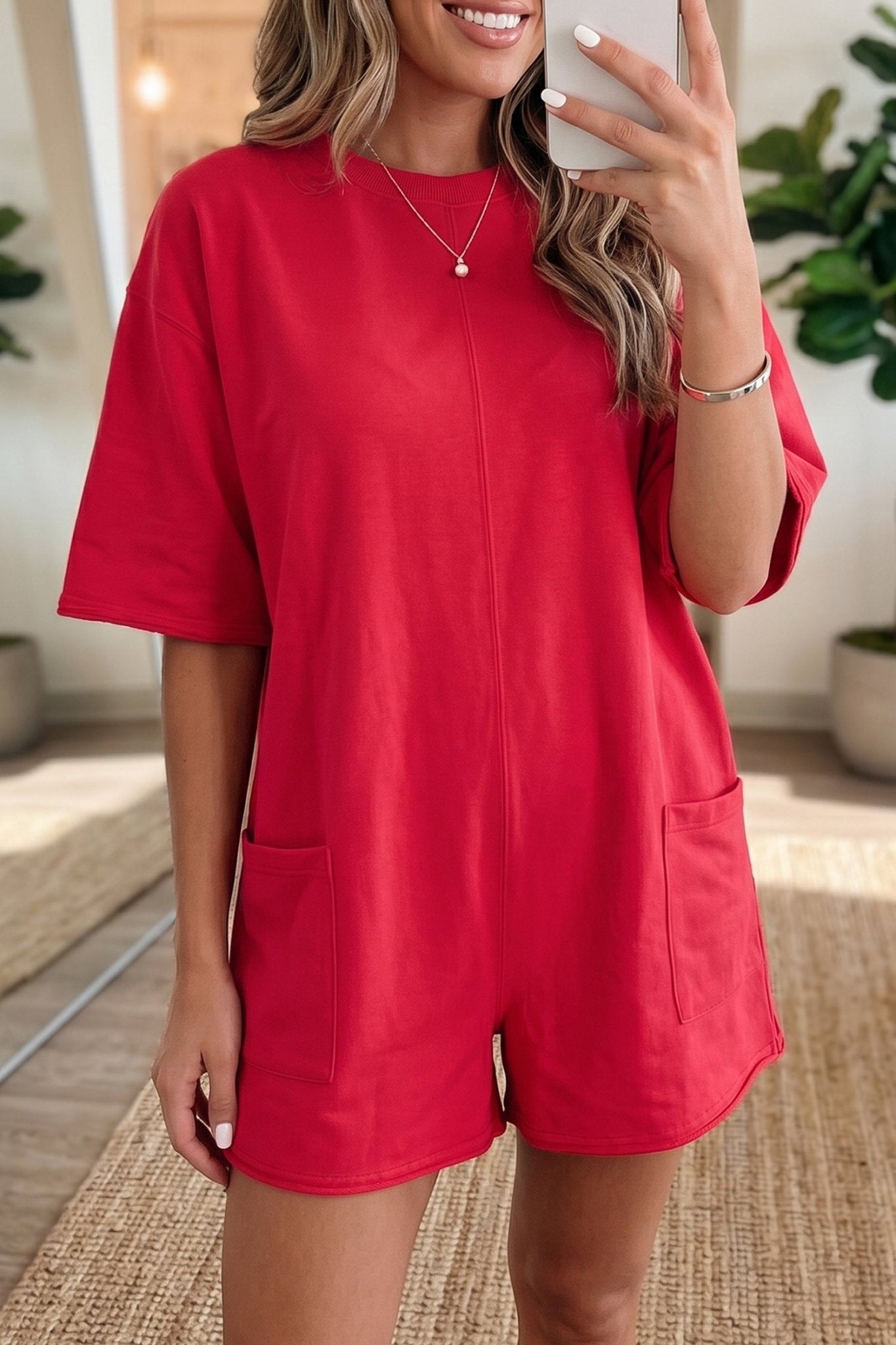 Solid Raw Edge 3/4 Sleeve Pocketed Loose Romper - Rooted & Reckless Co.