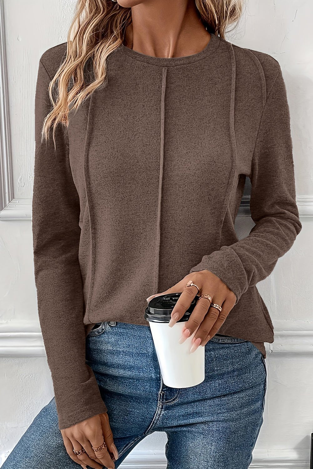Solid Reverse Seam Crew Neck Long Sleeve Top - Rooted & Reckless Co.