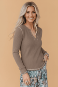 Solid Ribbed Contrast Stitching V-Neck Long Sleeve Top - Rooted & Reckless Co.