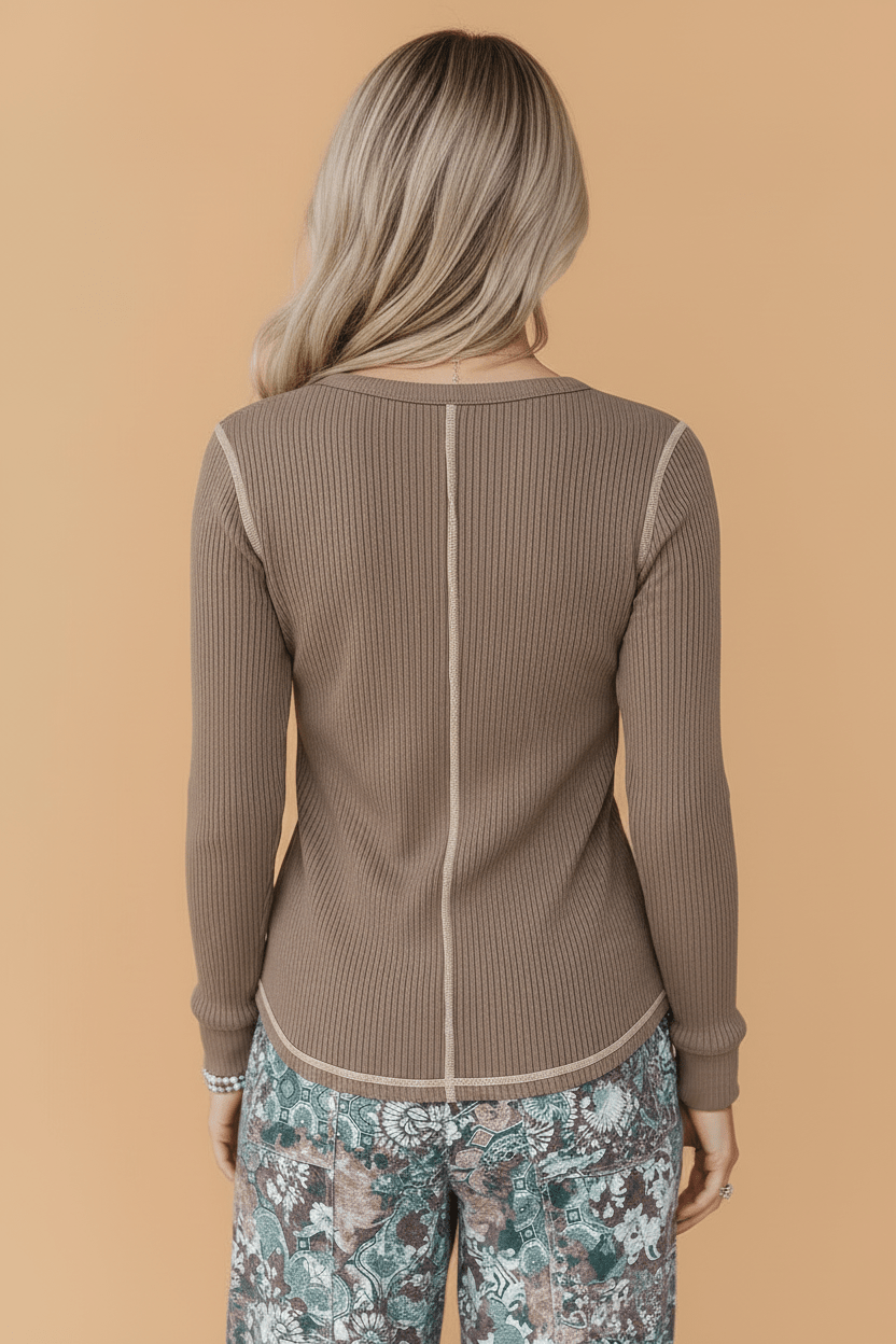 Solid Ribbed Contrast Stitching V-Neck Long Sleeve Top - Rooted & Reckless Co.