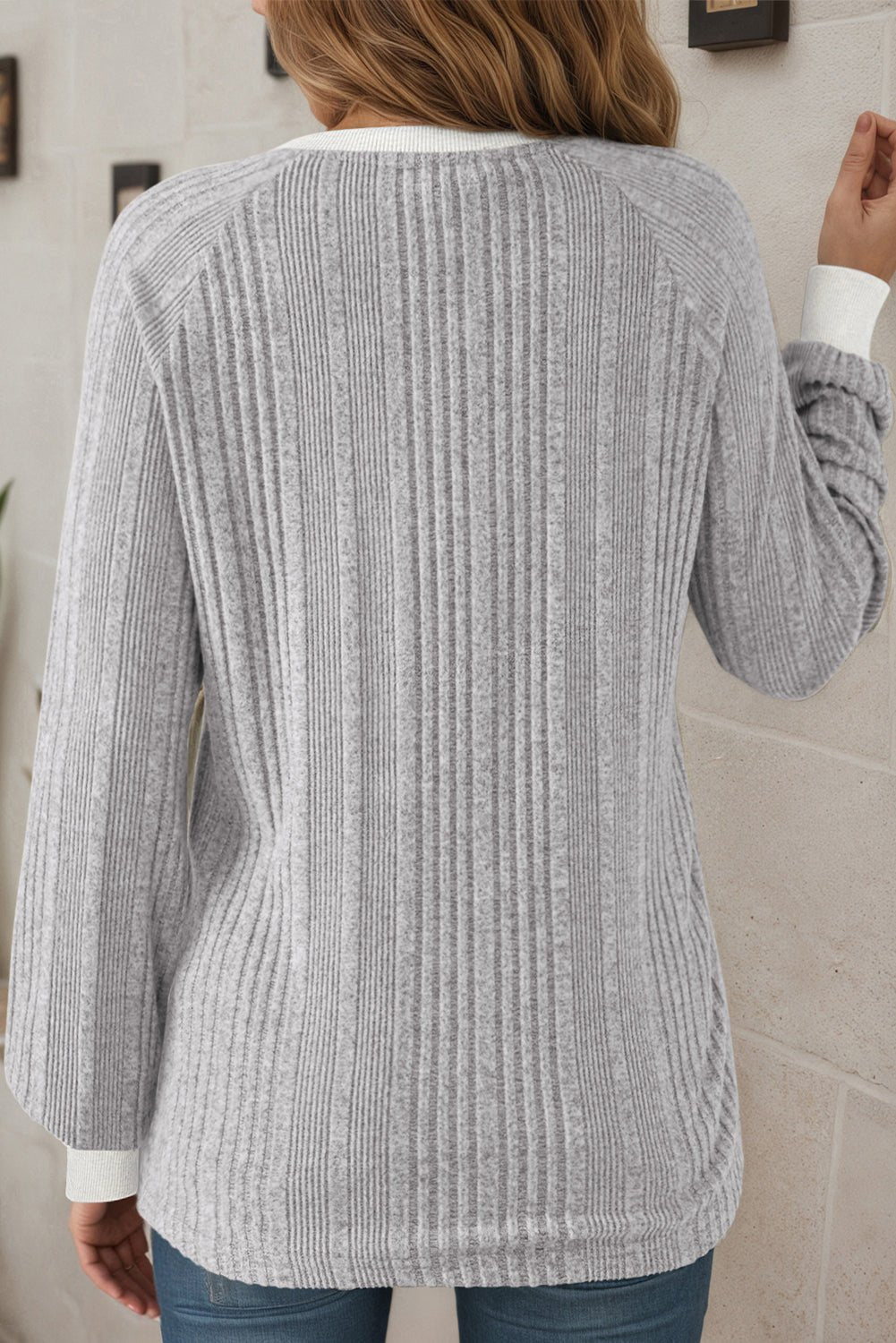 Solid Ribbed Contrast Trim Long Sleeve Top - Rooted & Reckless Co.