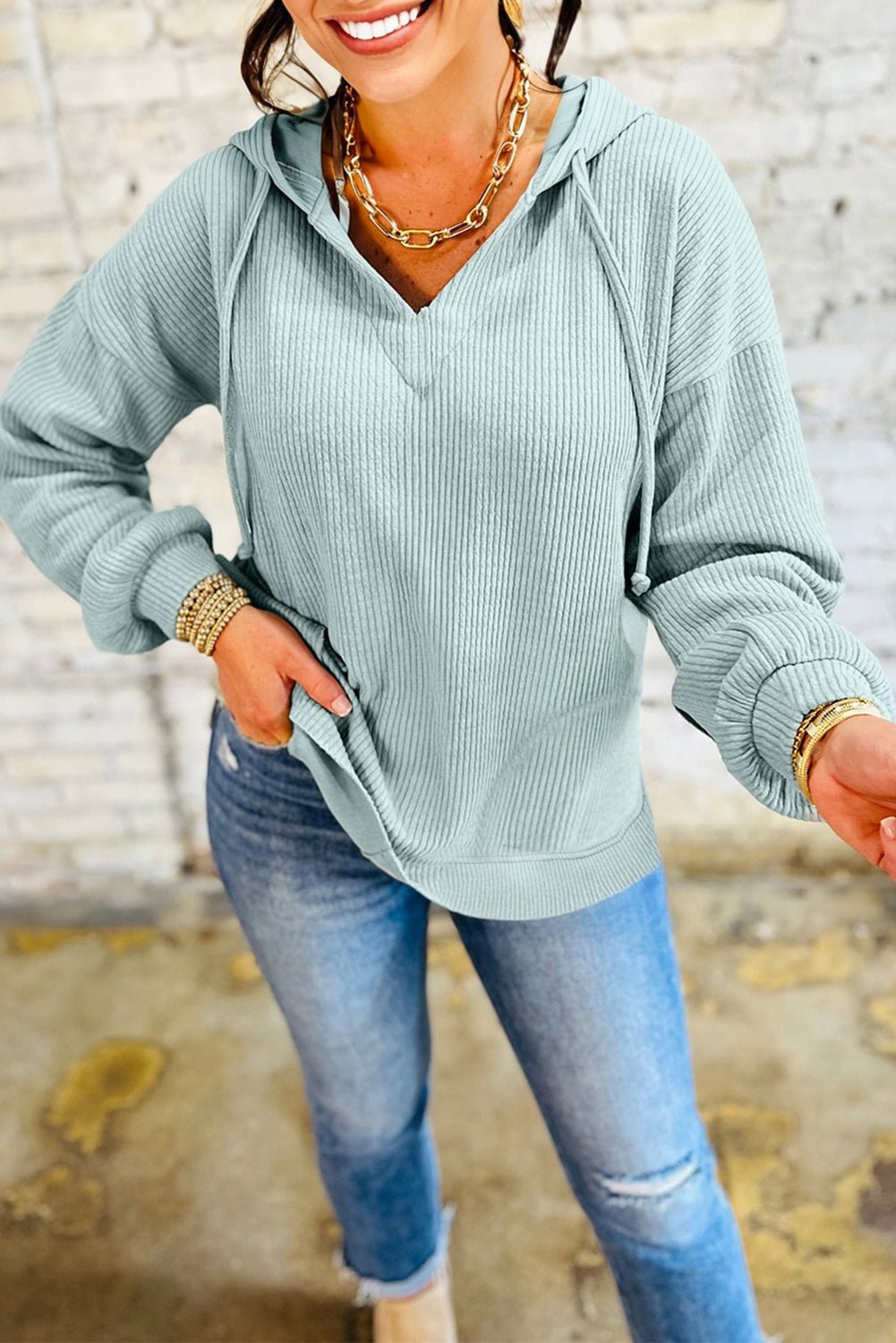 Solid Ribbed Drop Shoulder Hoodie - Rooted & Reckless Co.