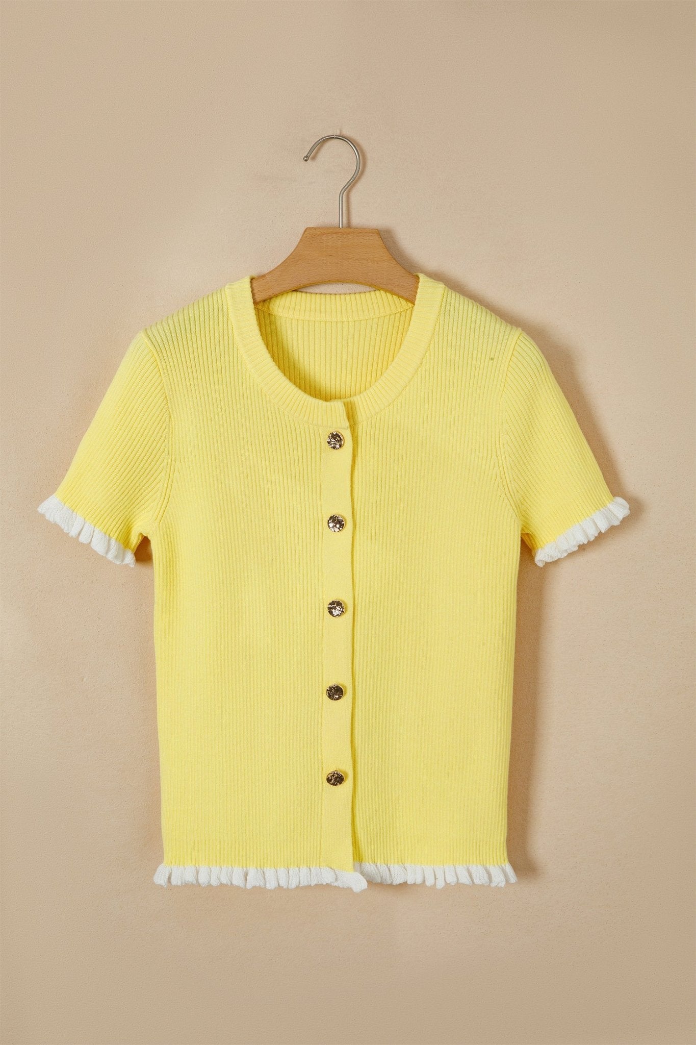 Solid Ribbed Frilled Short Sleeve Sweater Cardigan - Rooted & Reckless Co.