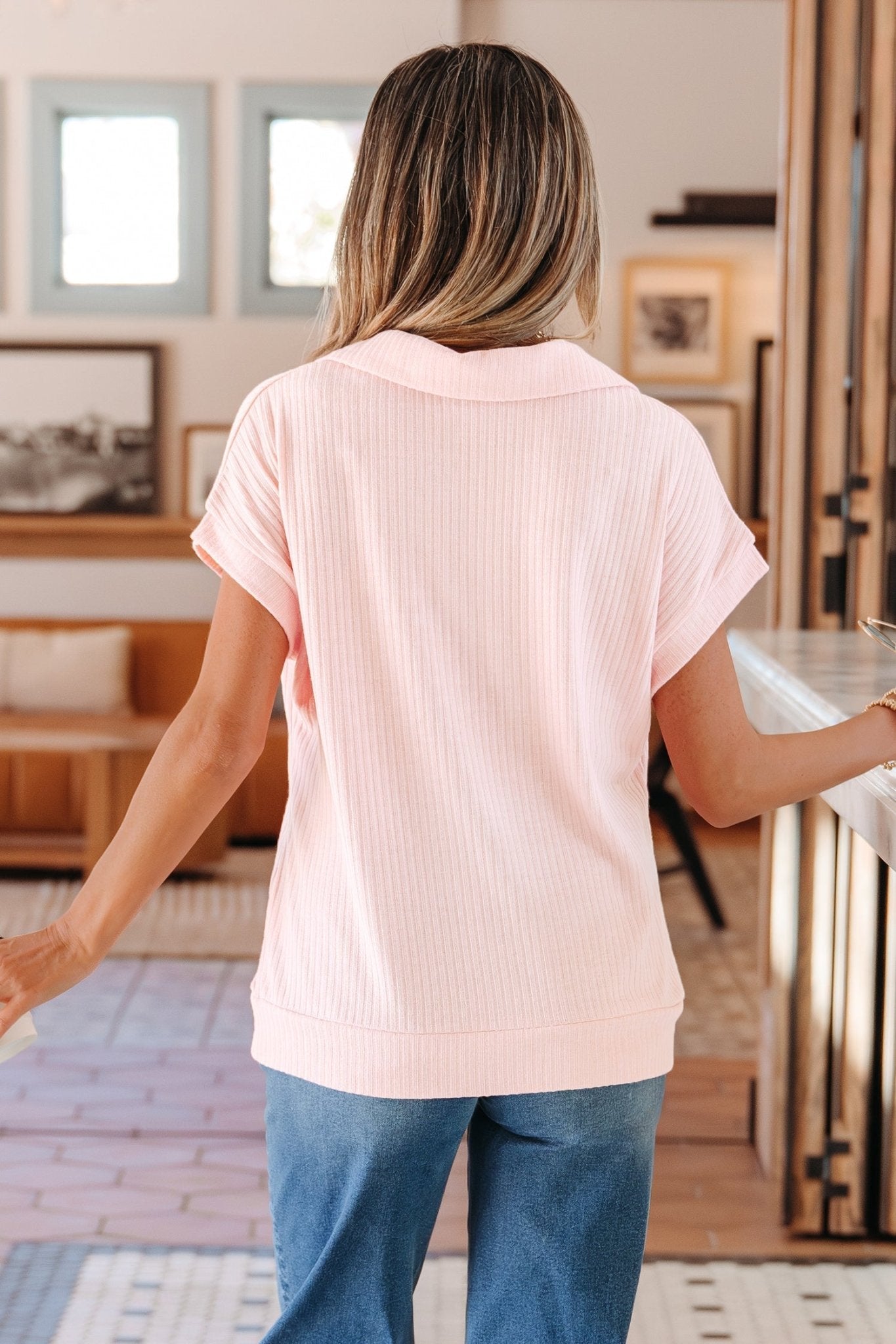 Solid Ribbed Knit Collared V-Neck Tee - Rooted & Reckless Co.