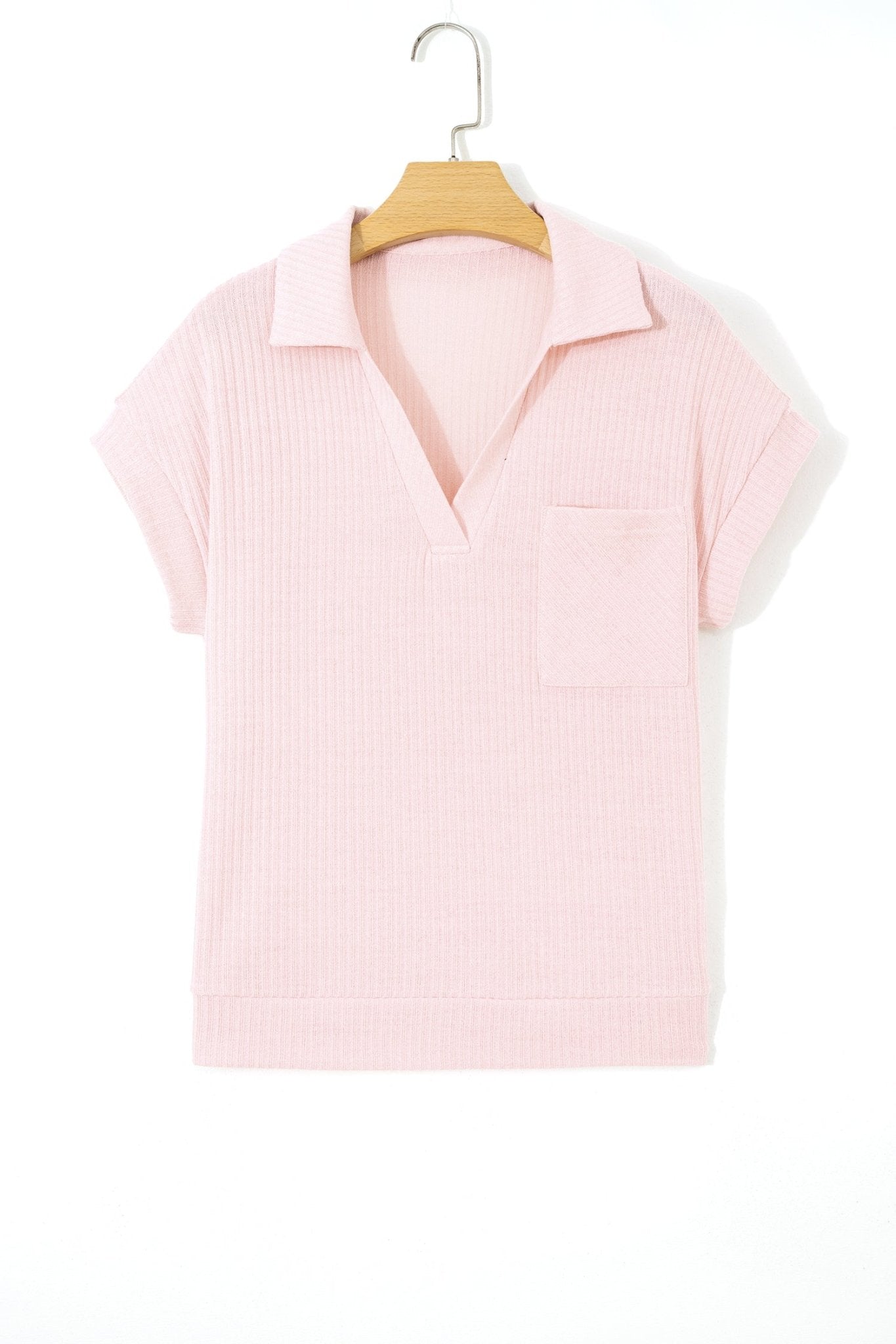 Solid Ribbed Knit Collared V-Neck Tee - Rooted & Reckless Co.