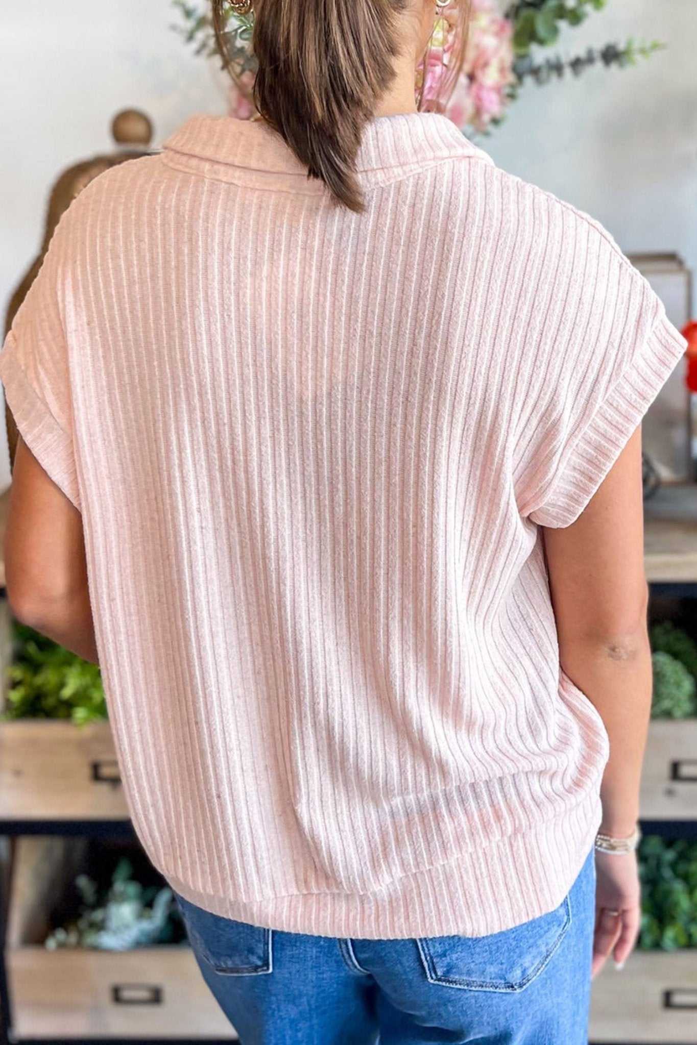 Solid Ribbed Knit Collared V-Neck Tee - Rooted & Reckless Co.