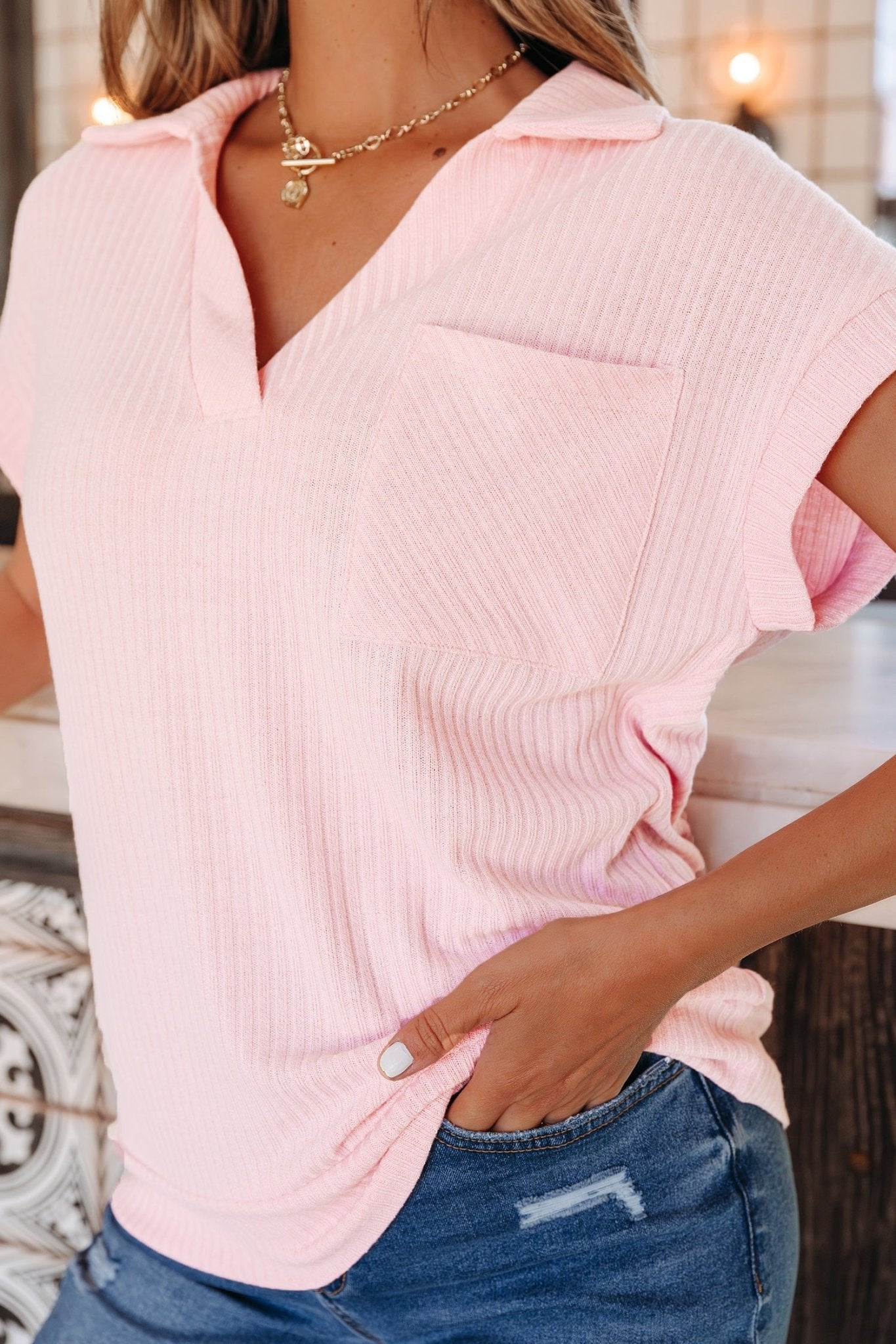 Solid Ribbed Knit Collared V-Neck Tee - Rooted & Reckless Co.