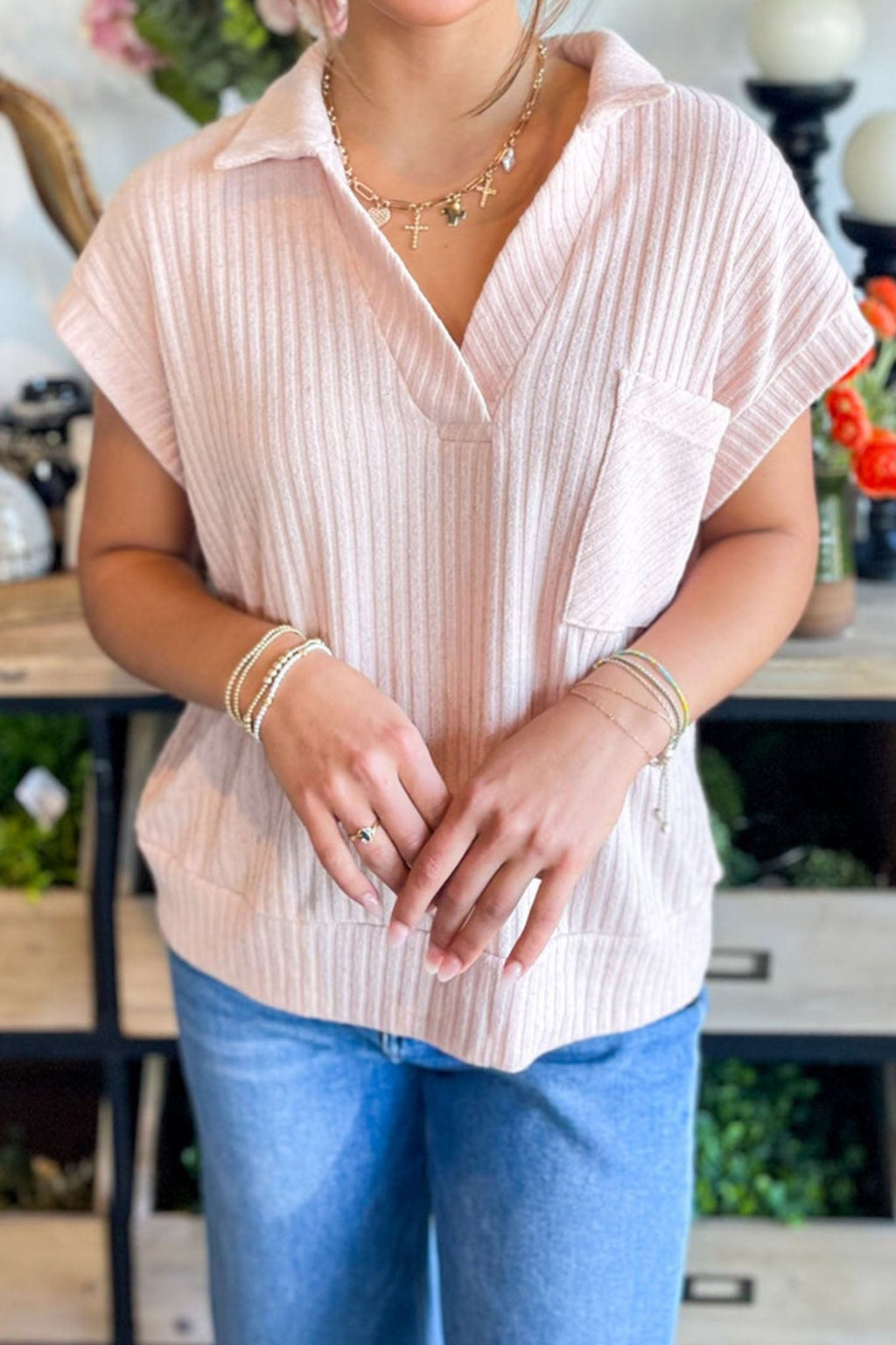 Solid Ribbed Knit Collared V-Neck Tee - Rooted & Reckless Co.