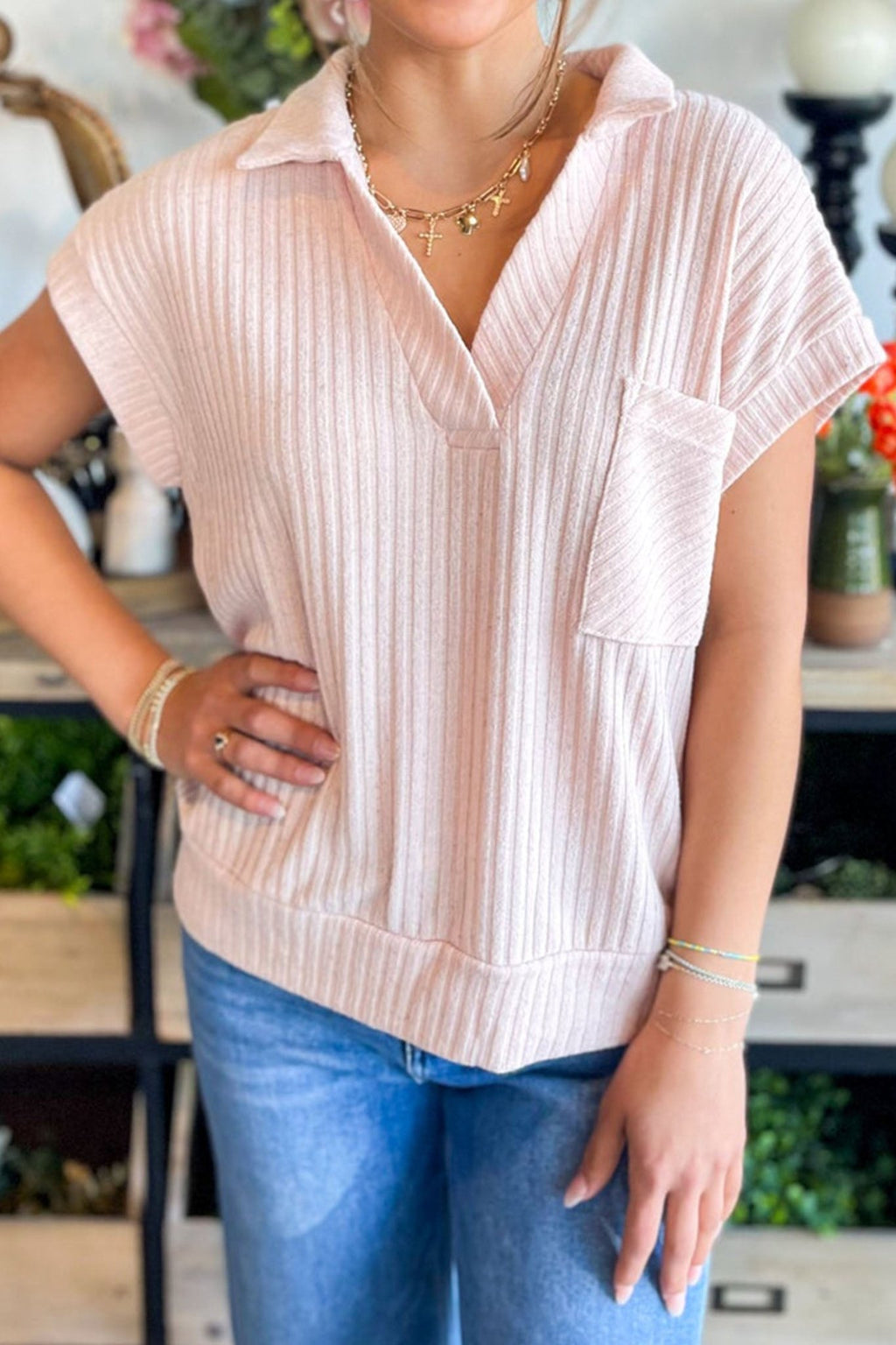 Solid Ribbed Knit Collared V-Neck Tee - Rooted & Reckless Co.