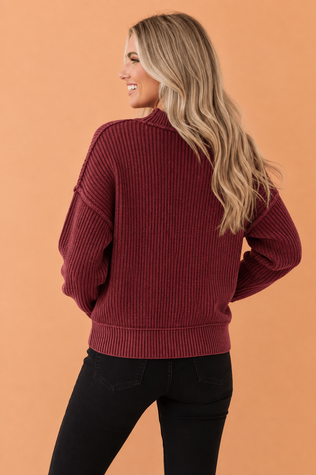 Solid Ribbed Knit Drop Shoulder Mock Neck Sweater - Rooted & Reckless Co.