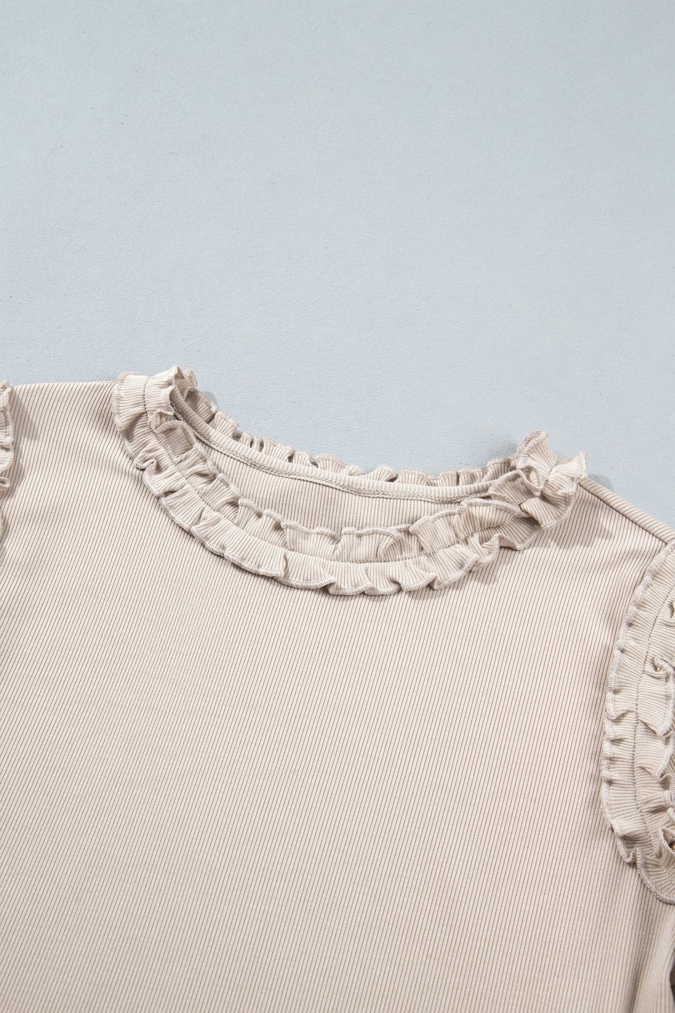 Solid Ribbed Knit Frilled Long Sleeve Top - Rooted & Reckless Co.